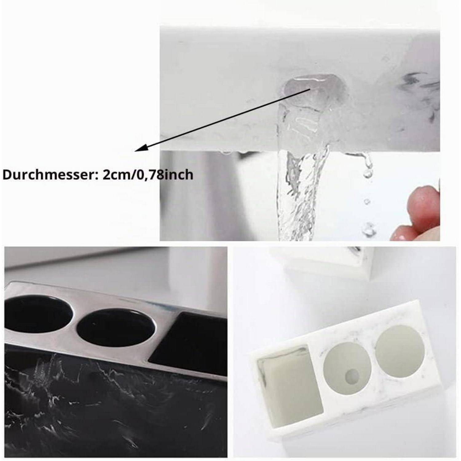 Collage mit einem 2 cm Ablauchloch/Ablaufaufkleber für Spülen und Arbeitsplatten, mit Wasser, das durchfließt, und Nahaufnahmen von Installationsbeispielen.