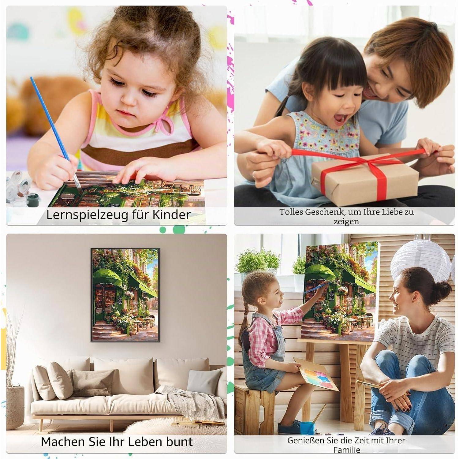 # Vierfeld-Collage für ein farbenfohes Wandkunstdruck-Angebot: Kinder beim Malen mit Bildunterschriften, ein ausgepacktes Geschenk und das Kunstwerk in einem hellen Wohnzimmer ausgestellt.