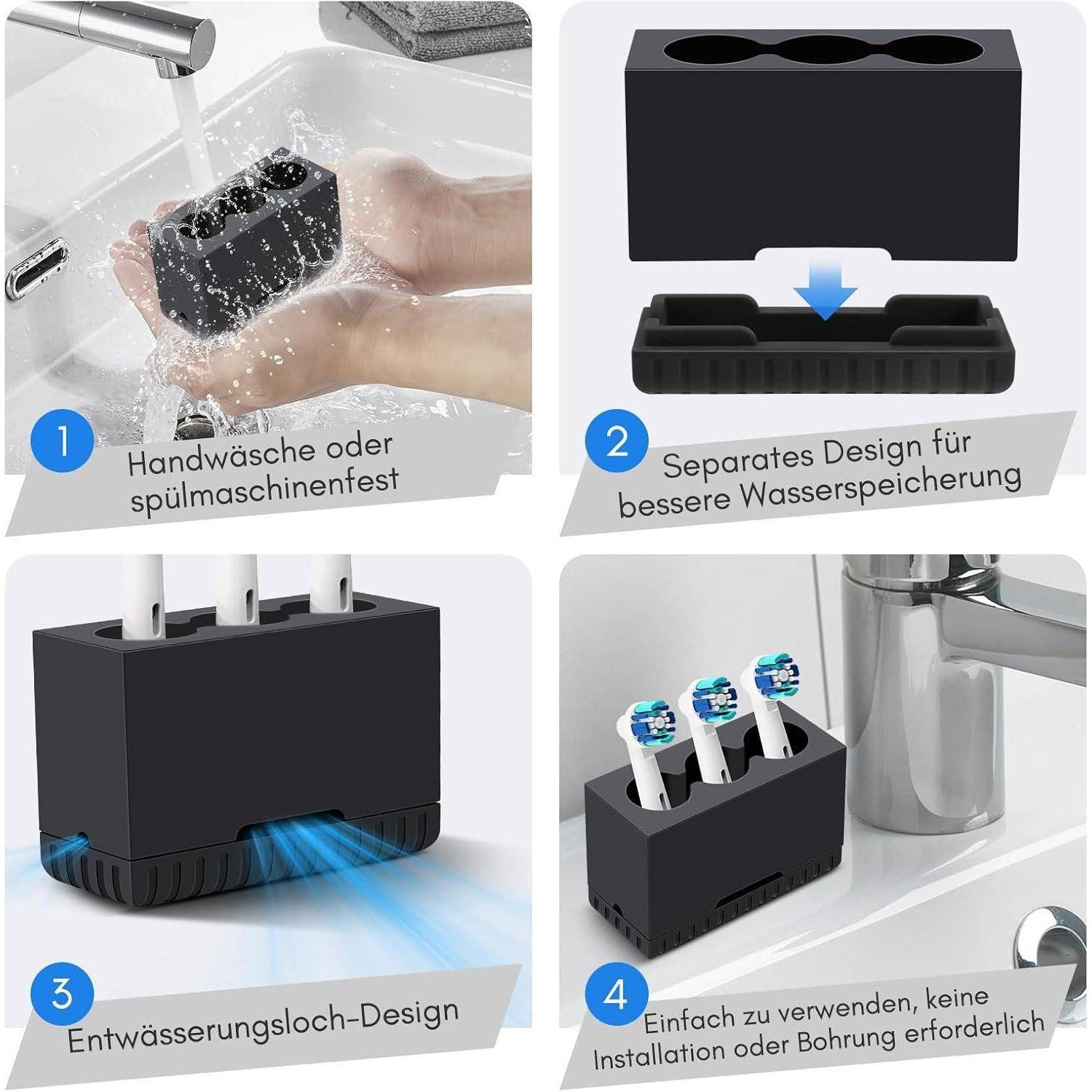 Vierteiliges Infografik-Format mit schwarzem Zahnbürstenhalter: waschbar, separater Behälter zur Wasserspeicherung, Drainagelöcher und einfache Installation ohne Bohren neben dem Waschbecken.