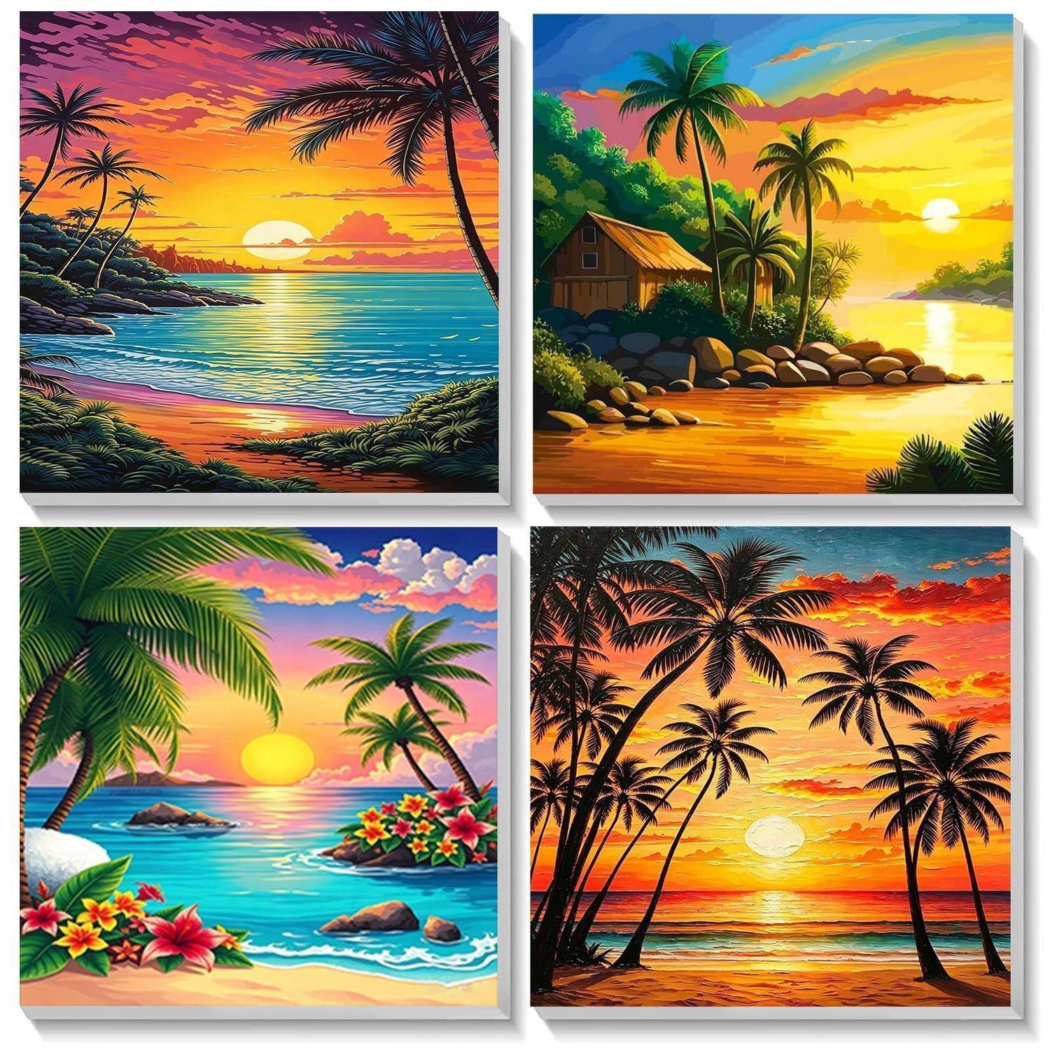 Vier tropische Sonnenuntergang-Strandgemälde mit Palmen, Ozean und lebendigen orange-, rosa- und blauem Himmel; eines enthält eine Hütte und Felsen.