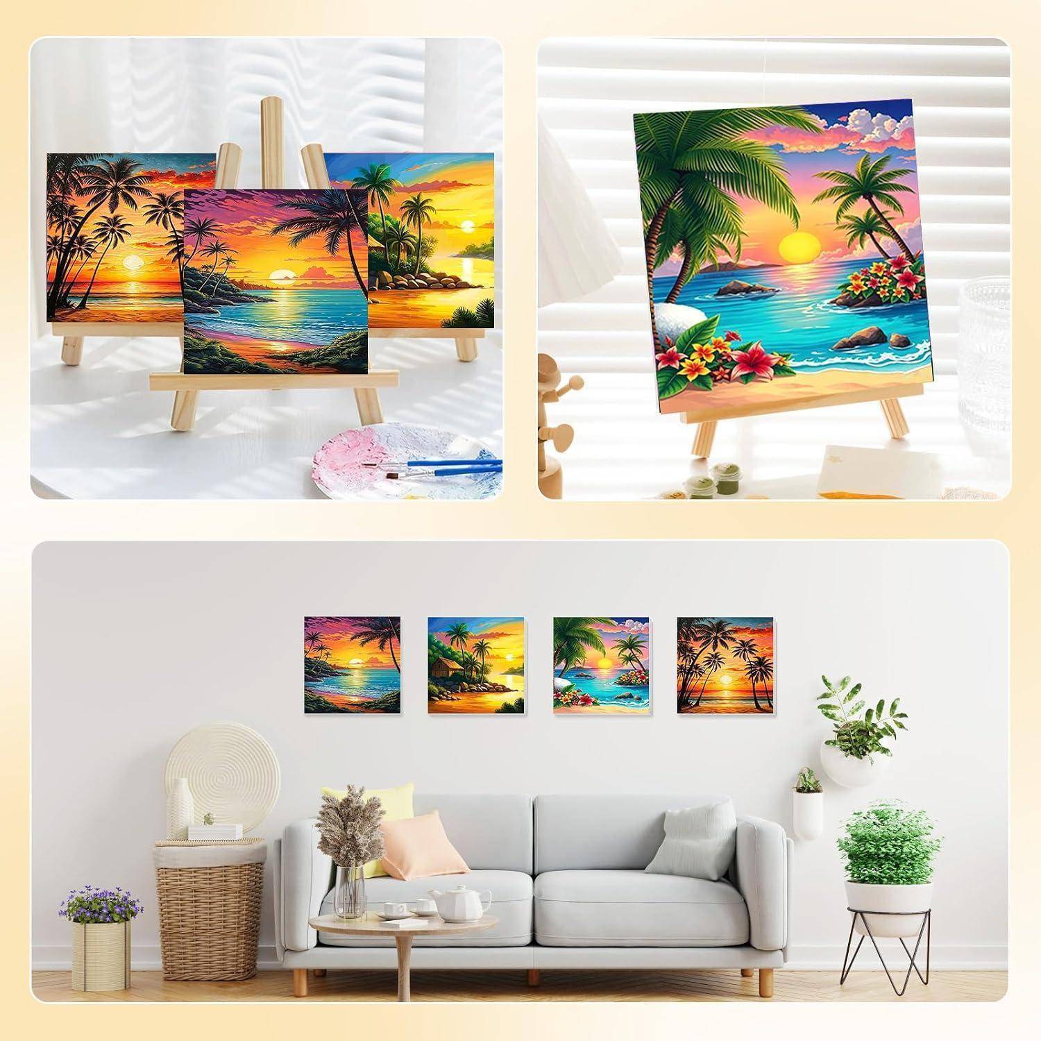 Farbenfrohe Gemälde mit tropischen Sonnenuntergängen auf Staffeleien und als kleine Wandkunst in einem Wohnzimmer-Setting ausgestellt.
