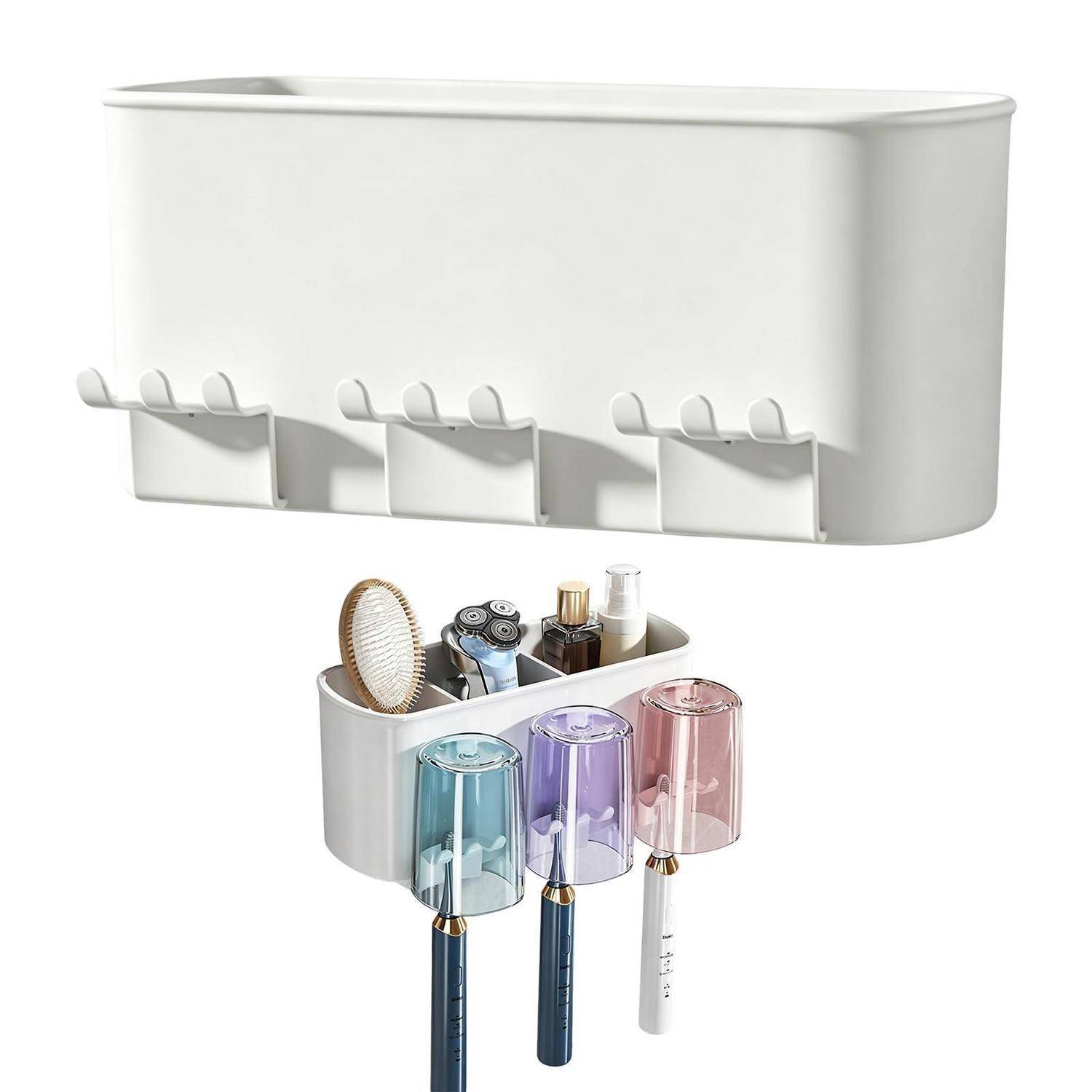 An der Wand angebrachter Organizer mit mehreren Haken und einem unteren Behälter für Zahnbürsten und Toilettenartikel, dargestellt als Aufbewahrungslösung für ein Badezimmer oder eine Küche.