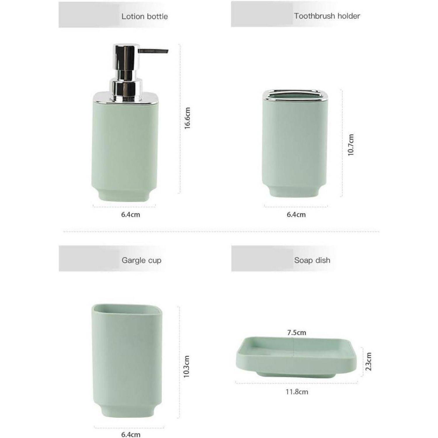 Vier minzgrüne Badezimmeraccessoires mit Abmessungen gezeigt: Lotionsflasche, Zahnbürstenhalter, Gurgeltasse und Seifenschale.