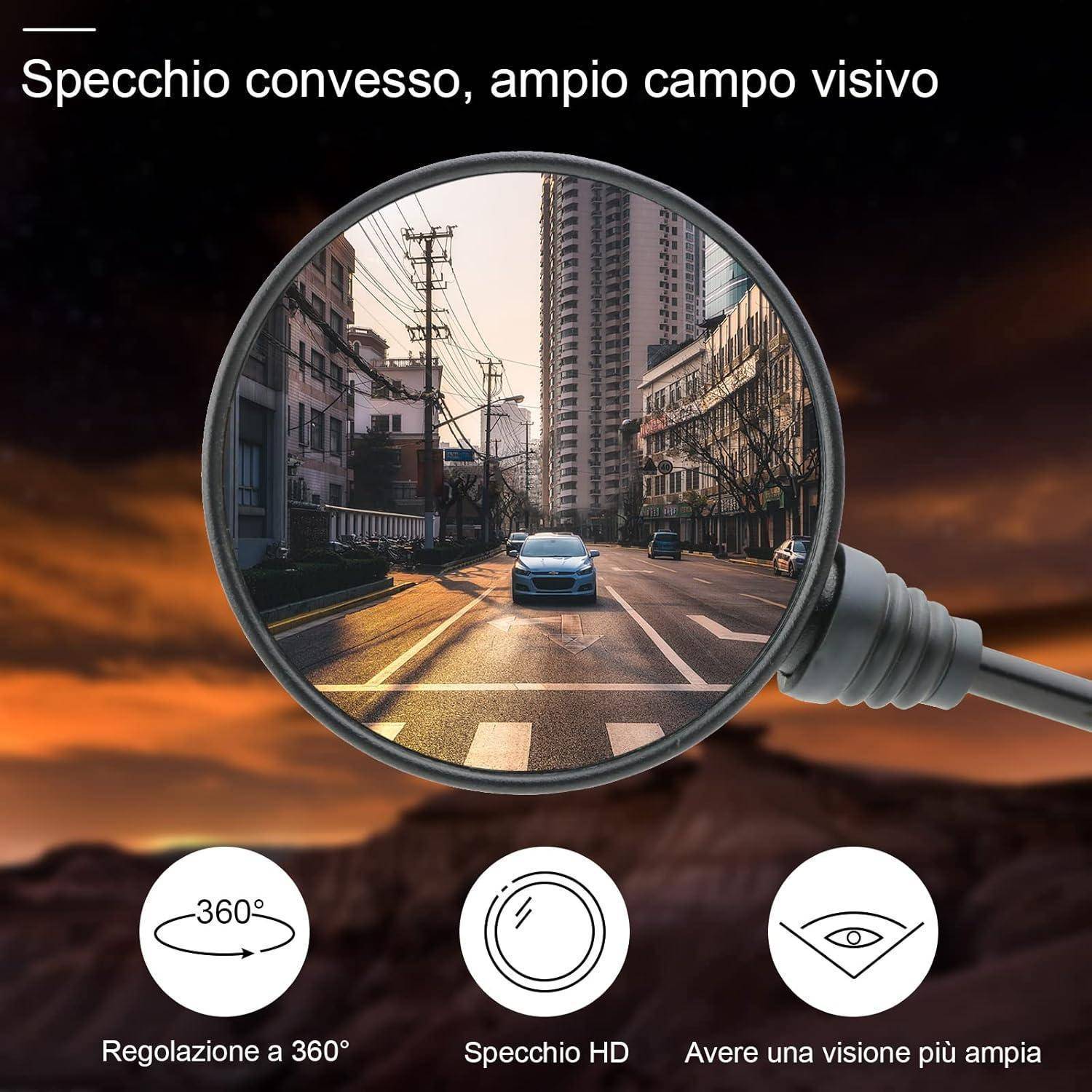 Werbung für Konvexspiegel, die eine Stadtstraße in einem Weitwinkelspiegel gespiegelt zeigt, mit italienischem Text „Specchio convesso, ampio campo visivo