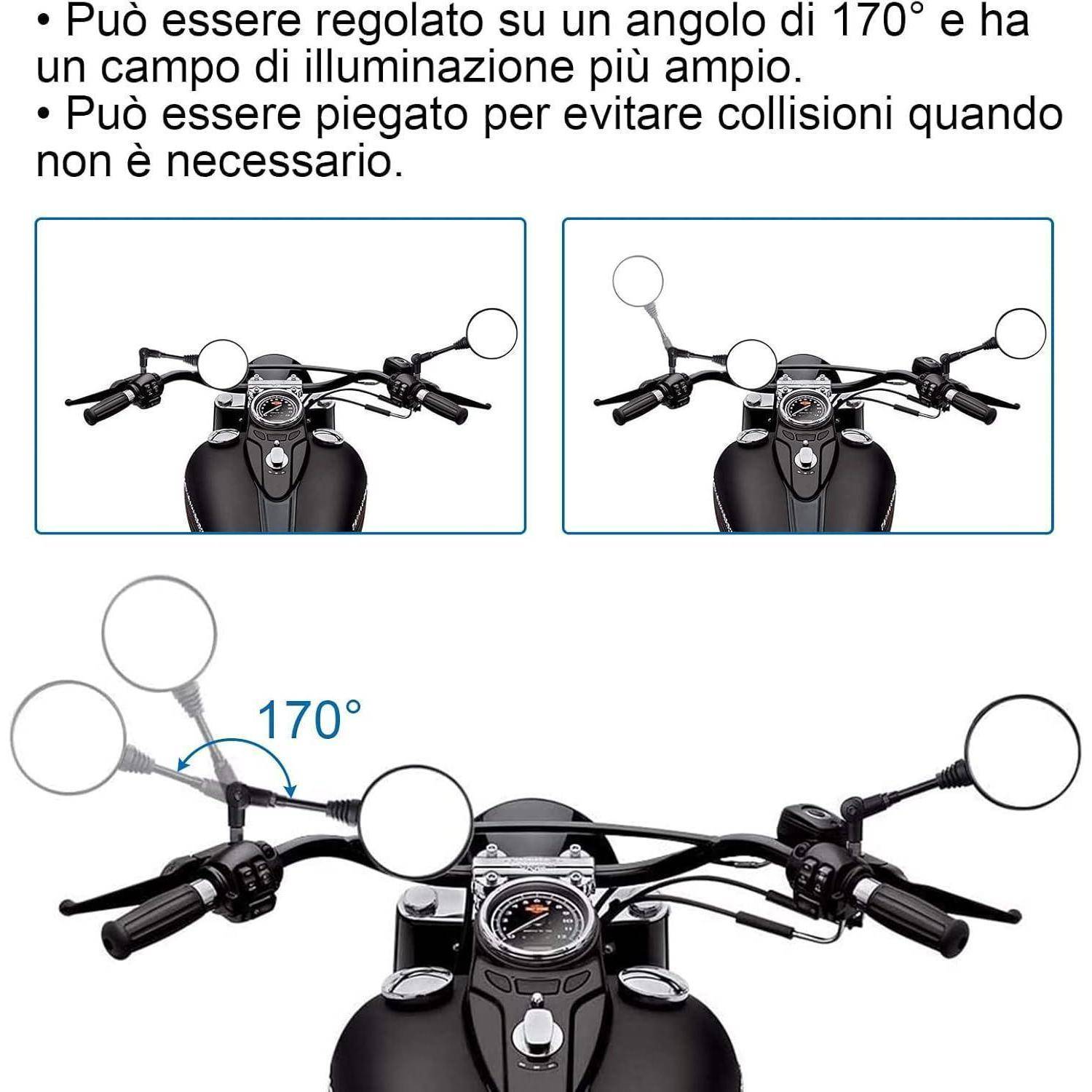 Illustration eines Motorradspiegels, der um 170° verstellbar und klappbar ist, shown auf einem Roller-Lenker mit italienischem Erklärungstext.