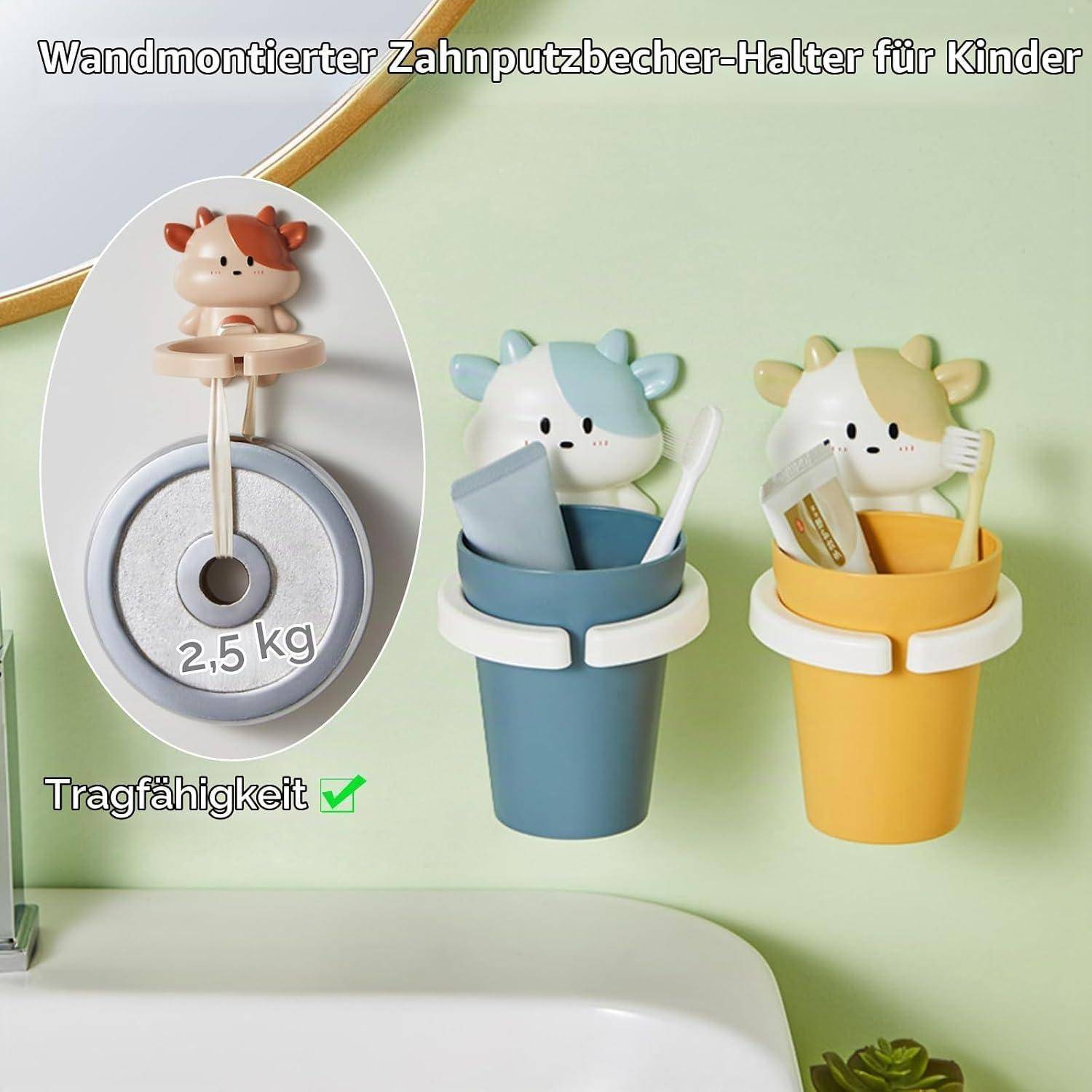 An der Wand befestigter Zahnbürstenhalter für Kinder, der Zahnbürsten und Zahnpasta hält; die Anzeige hebt die Tragfähigkeit von 2,5 kg und das niedliche Tierdesign hervor.