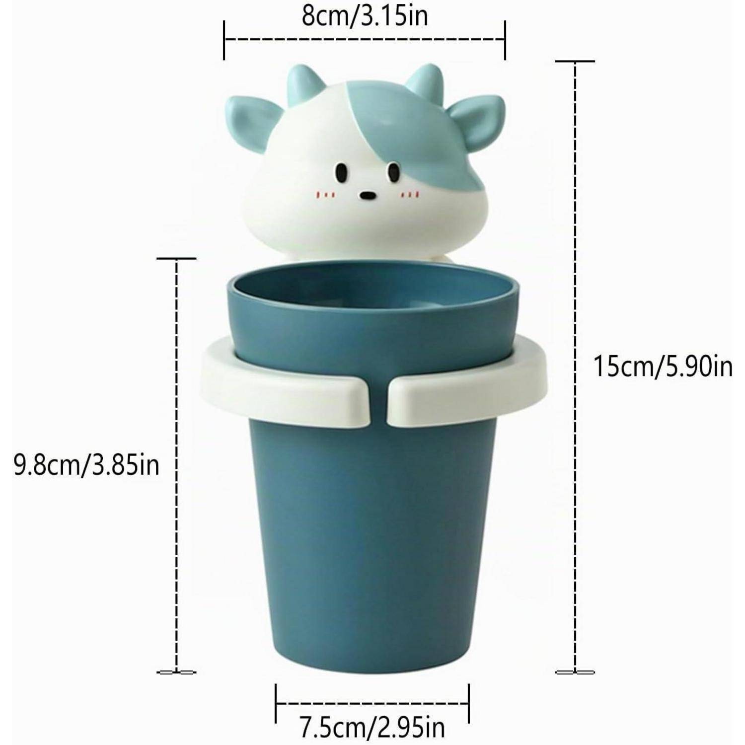 Blau-weißer Becher halter aus Kunststoff in Tierform mit Pflanzschalen-Stil Becher, abgebildet mit Größenmessungen: 15 cm hoch, 8 cm breit, 7,5 cm Basis.