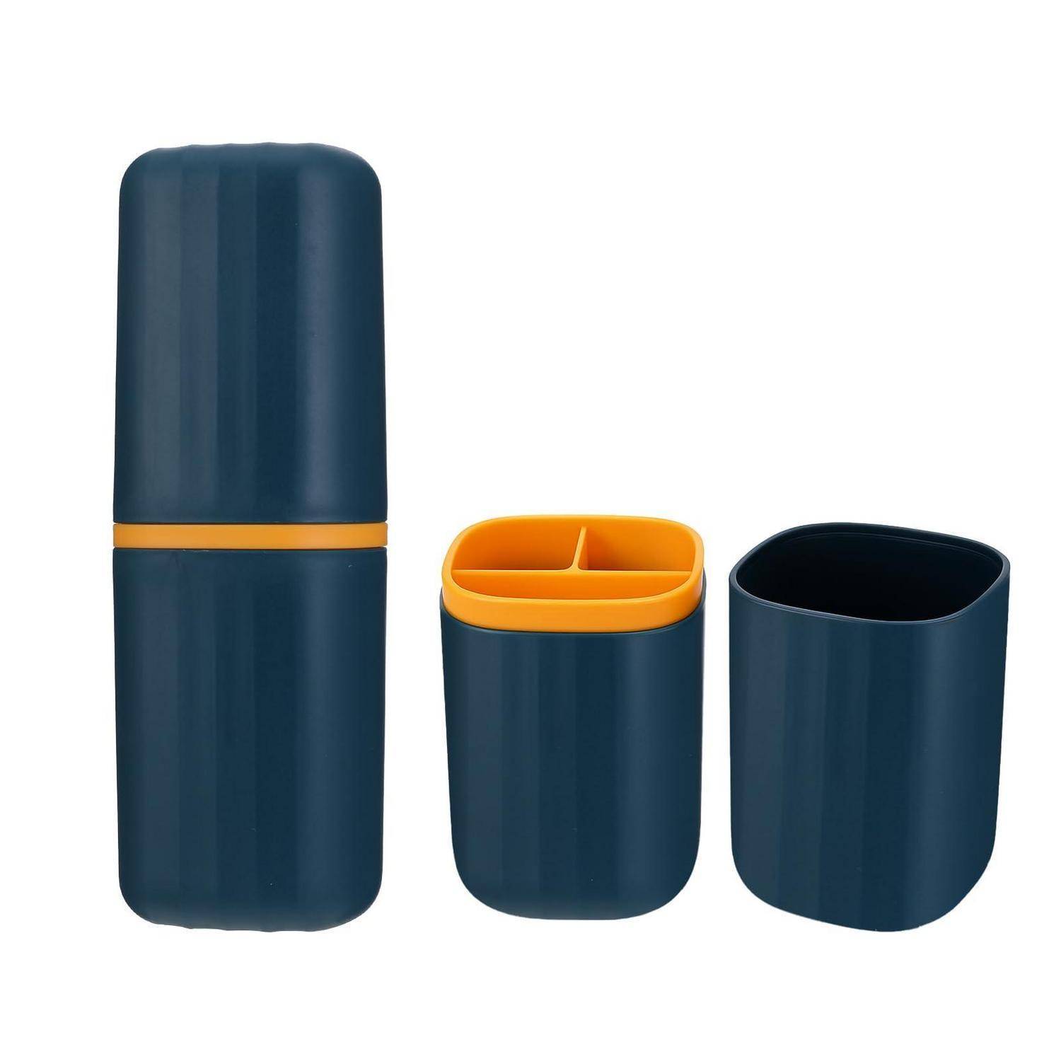 Blau-oranganer modularer Organizer mit einem hohen geschlossenen Behälter und zwei offenen becherförmigen Fächern auf weißem Hintergrund.