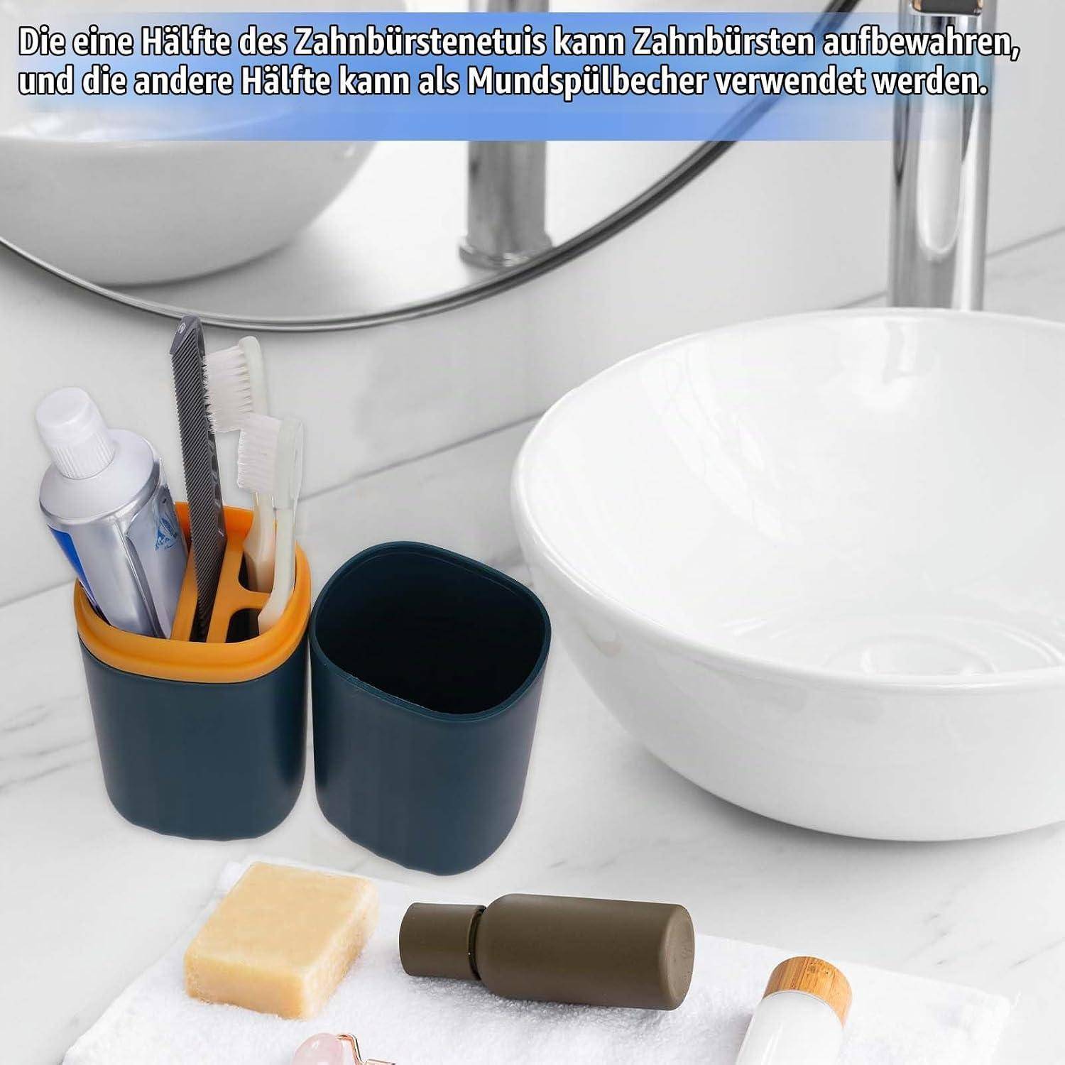 Zweiteiliges Zahnbürstenset, das als Halter für Zahnbürsten und als Mundspülbecher verwendet wird, gezeigt neben einem Waschbecken mit Zahnpflegeprodukten.