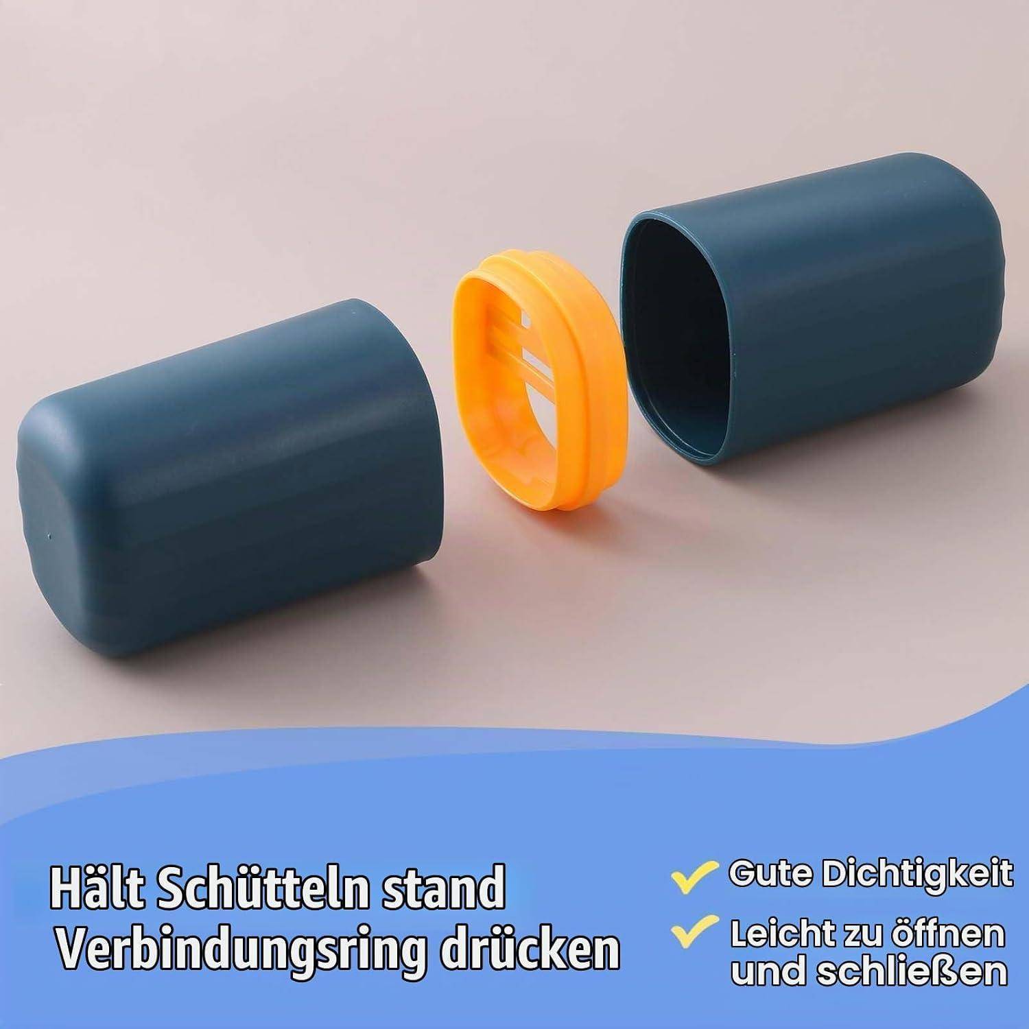 Werbebild eines blauen Behälters, der in zwei Hälften aufgeteilt ist, mit einem orangefarbenen Dichtungsring dazwischen; deutscher Text sagt „Hält Schütteln stand