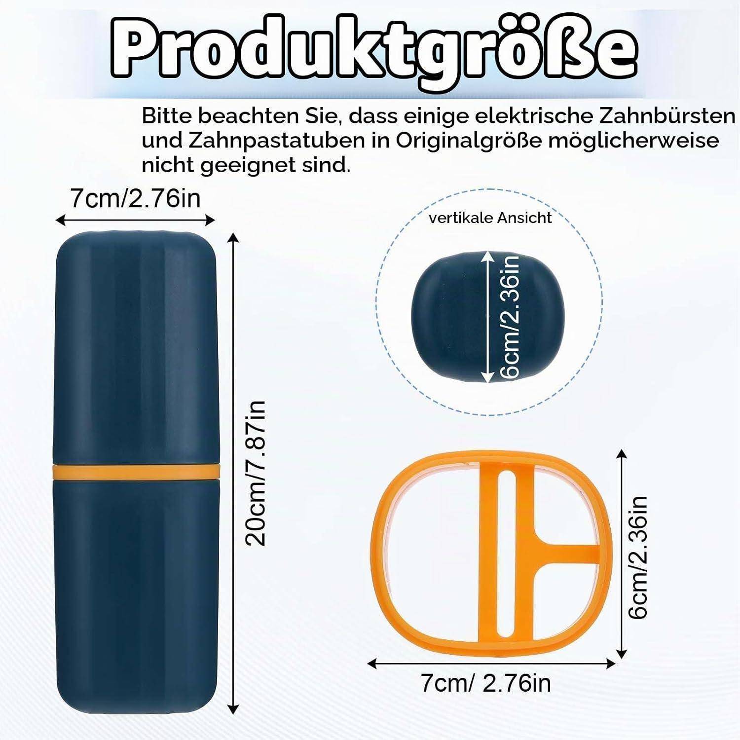 Produktgrößendiagramm mit einem dunkelblauem zylindrischen Behälter, 20 cm hoch und 7 cm breit, mit gekennzeichneten Draufsichten und Untersichten von 6 cm mal 7 cm.