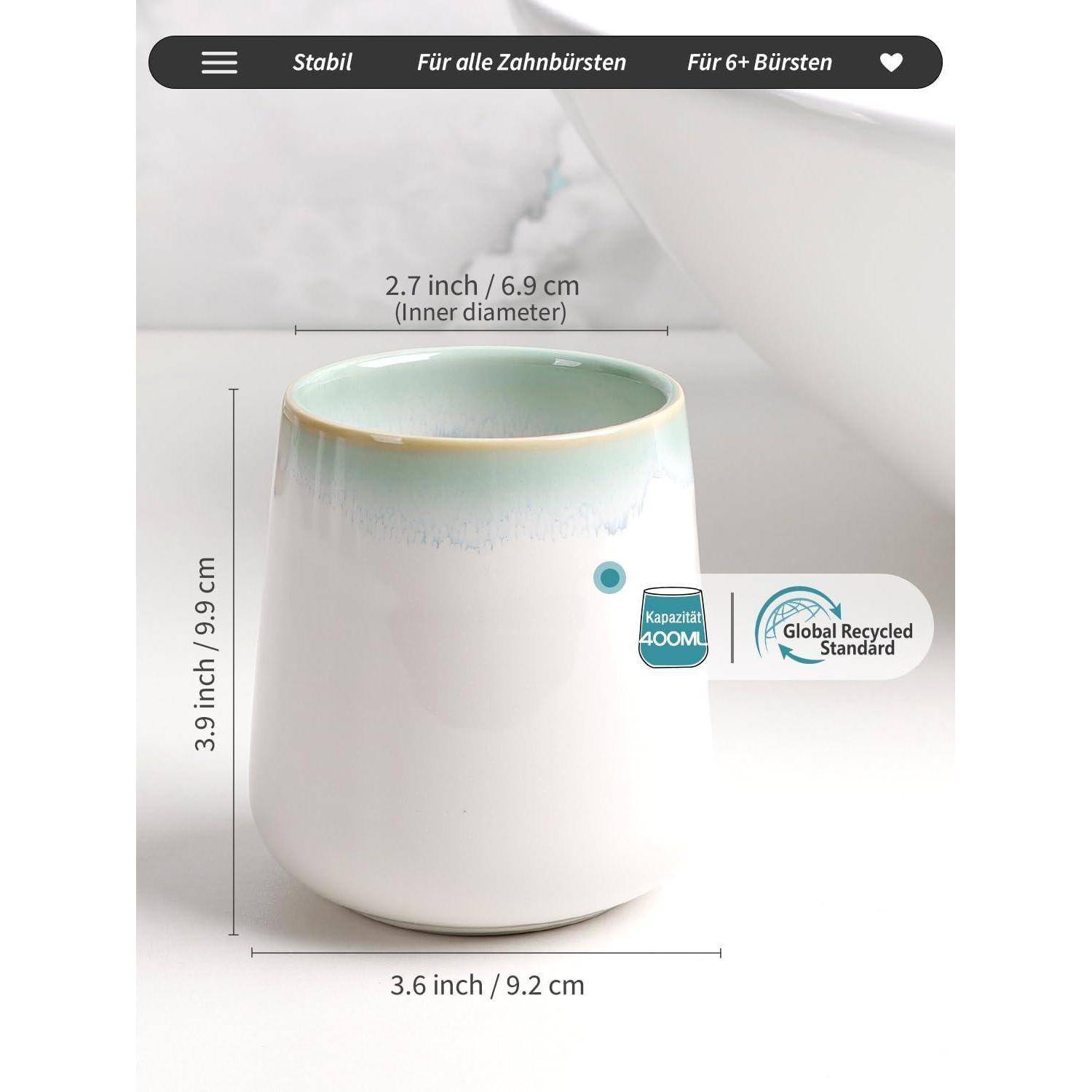 Weißer Keramik-Zahnbürstenhalter mit den Abmessungen 3,9 x 3,6 Zoll und inneren Durchmesser von 2,7 Zoll, gekennzeichnet mit 400 ml und Global Recycled Standard.