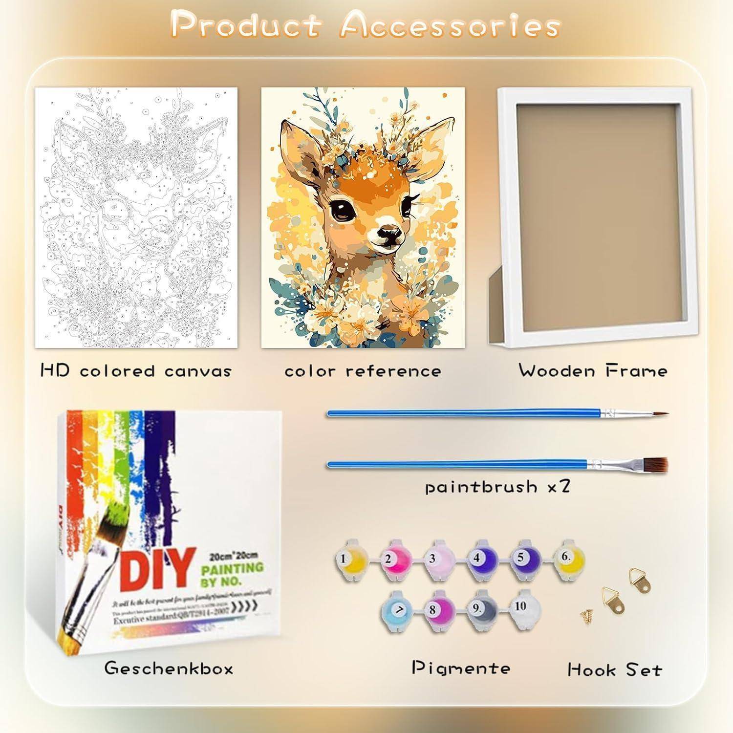 Produktzubehörsübersicht mit hochauflösender farbiger Leinwand, Farbrefernz-Hirschbild, Holzrahmen, DIY-Malkasten, zwei Pinseln, Pigmenten und Hakensatz.