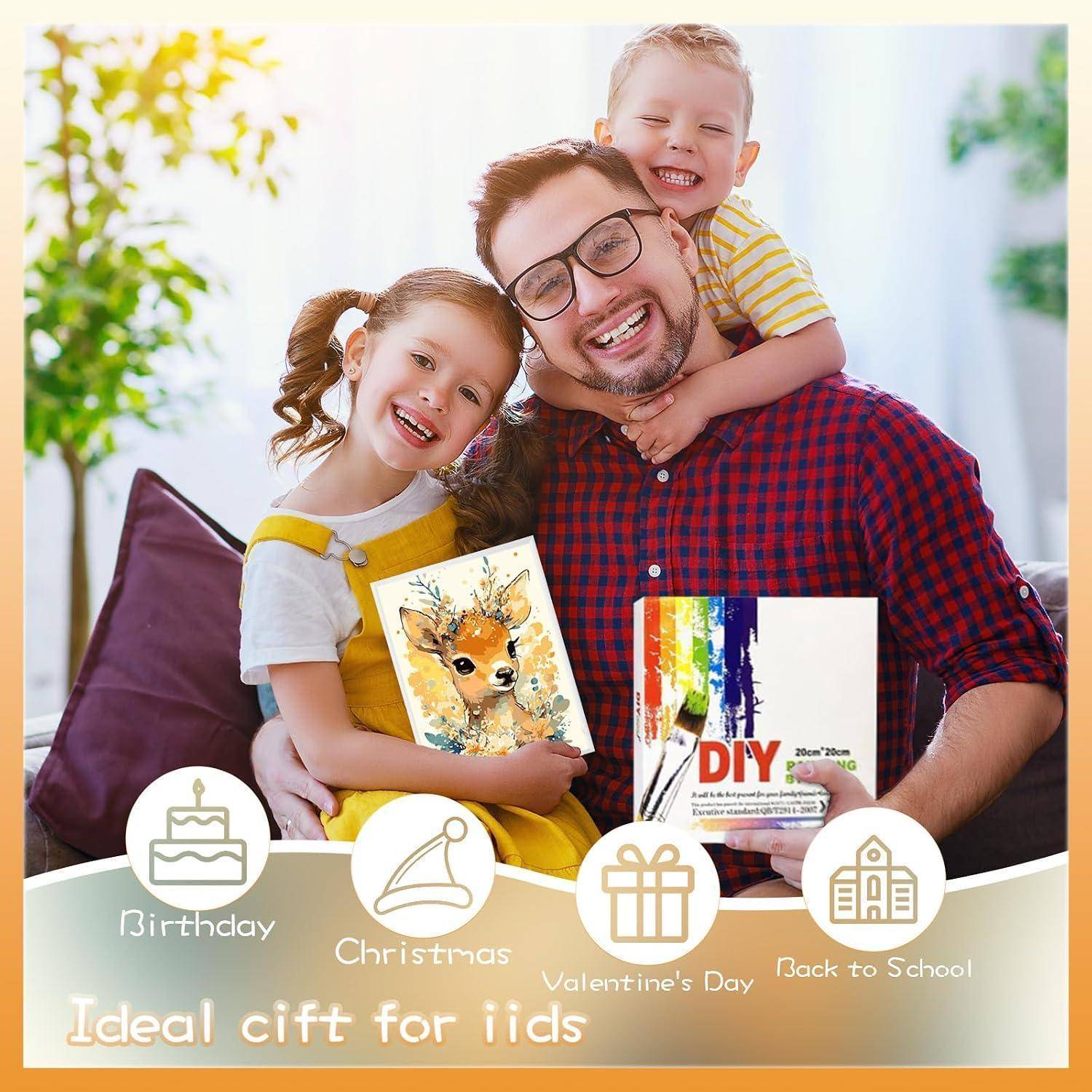 Lächelnder Vater mit zwei Kindern, die DIY-Geschenkboxen halten, mit Symbolen für Geburtstag, Weihnachten, Valentinstag und Schulanfang, und Text „Ideales Geschenk für Kinder