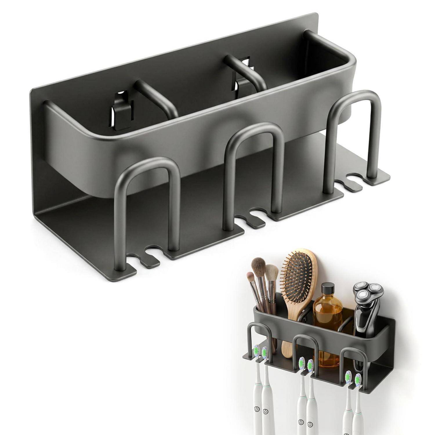 Wandmontierter Badezimmerorganizer mit oberem Regal und vorderen Haken, die Zahnbürsten, Rasierer, Bürsten und Flaschen halten.