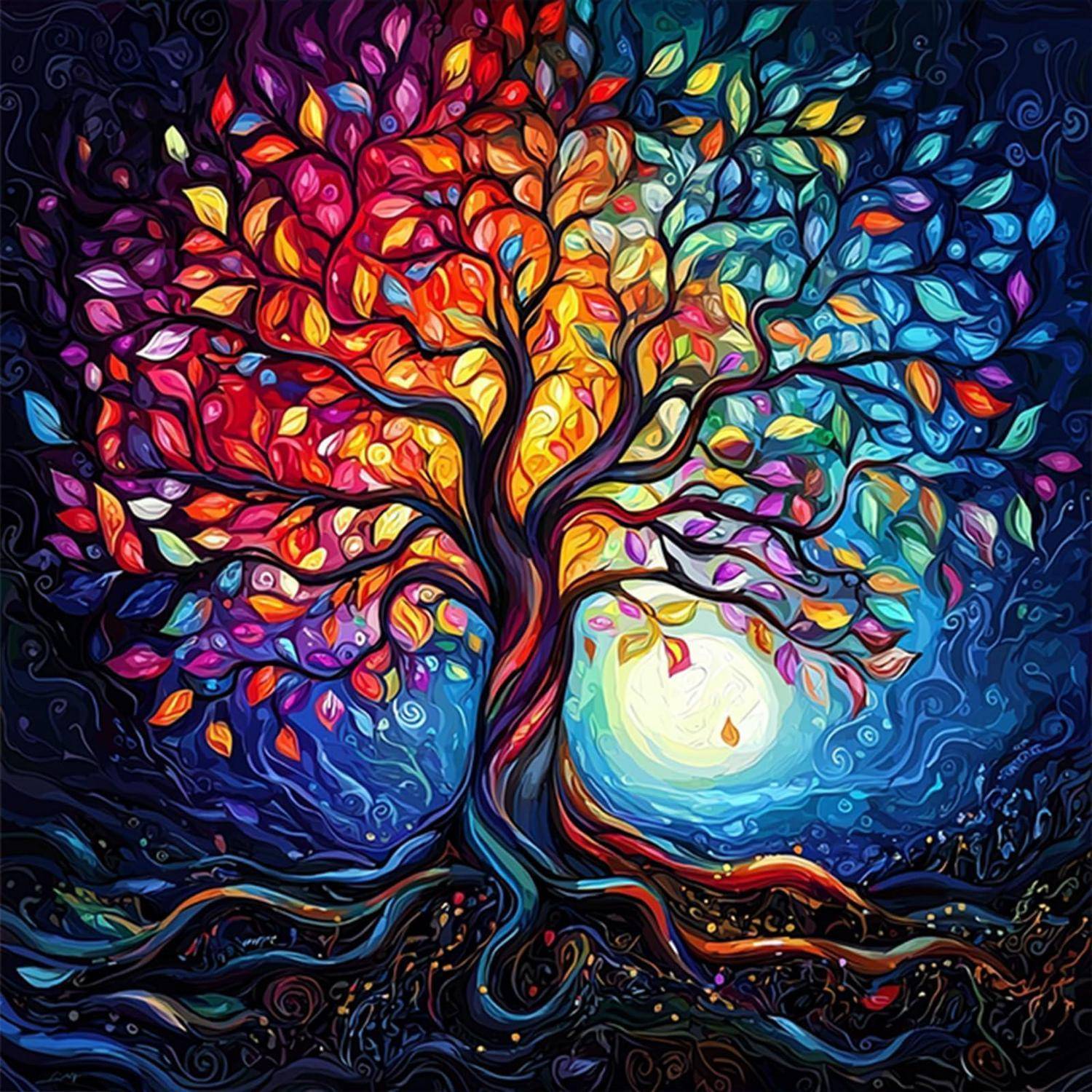 Farbenfroher abstrakter Baum mit leuchtenden Regenbogenblättern und verdrehten Wurzeln vor einem dunkelblauen Nachthimmel, mit einem hellem mondähnlichen Licht dahinter.