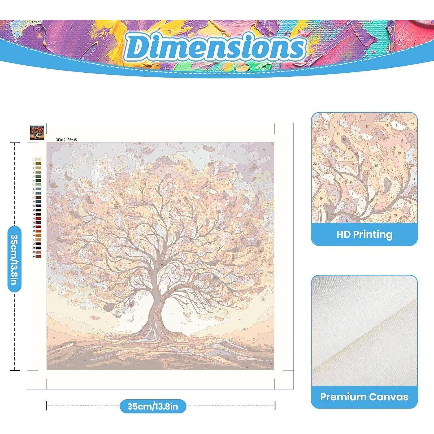 Produktabmessungs-Grafik für Wandkunst, zeigt ein Baumdesign auf Leinwand, mit Beschriftung 35 cm/13,8 Zoll breit mal 35 cm/13,8 Zoll hoch.