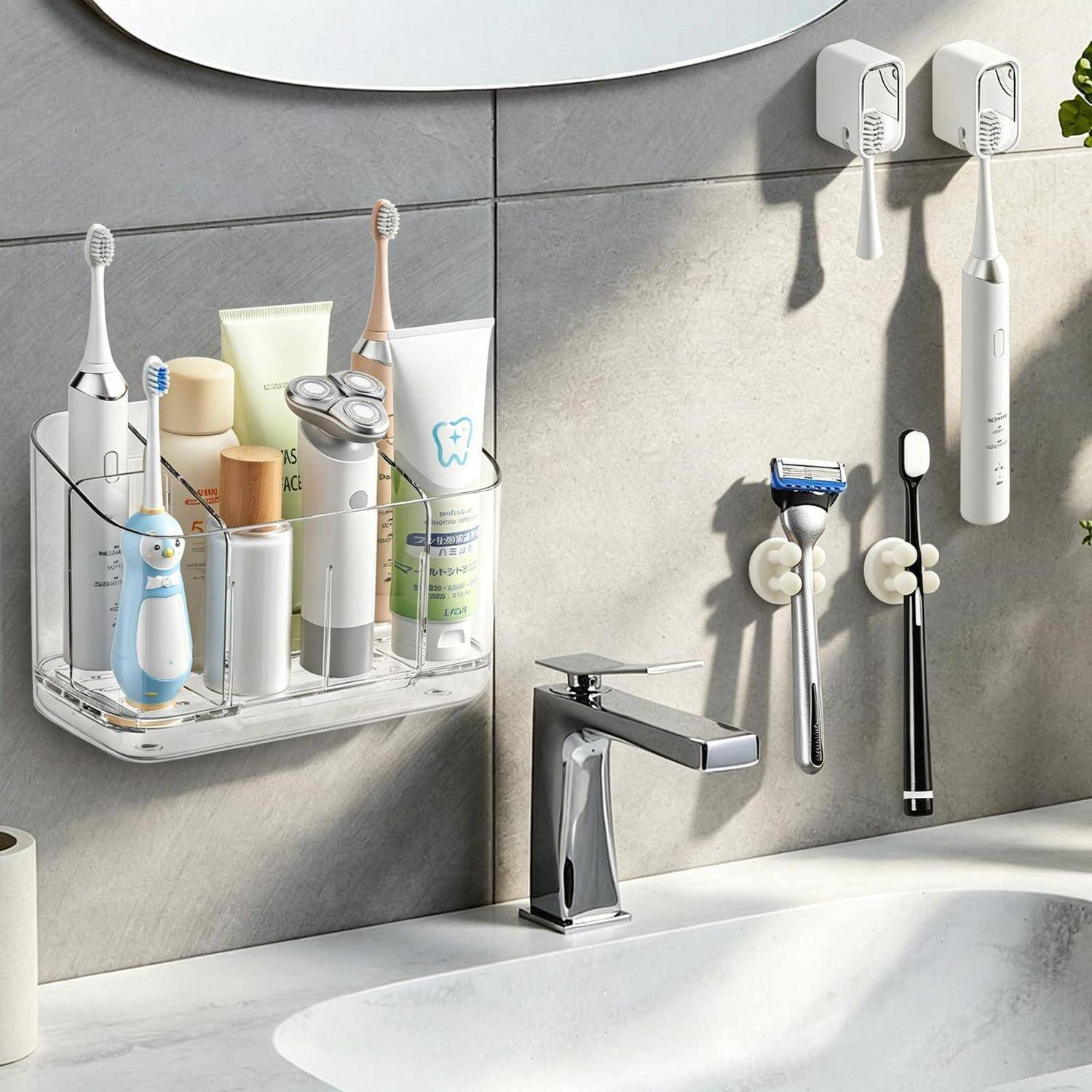 Badezimmerwaschbereich mit wandmontiertem Zahnbürstenhalter, elektrischen Zahnbürsten, Rasierern und einem Regalorganizer mit Zahnpasta und Pflegeprodukten.