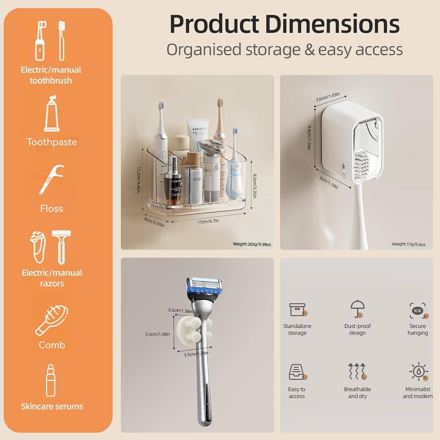 Produktabmessungen Infografik mit einem wandmontierten Badezimmerorganizer, der Zahnbürsten, Zahnpasta, Zahnseide, Rasierer, Kämme und Hautpflegeprodukte aufnimmt, mit Größenmessungen und Funktionssymbolen.