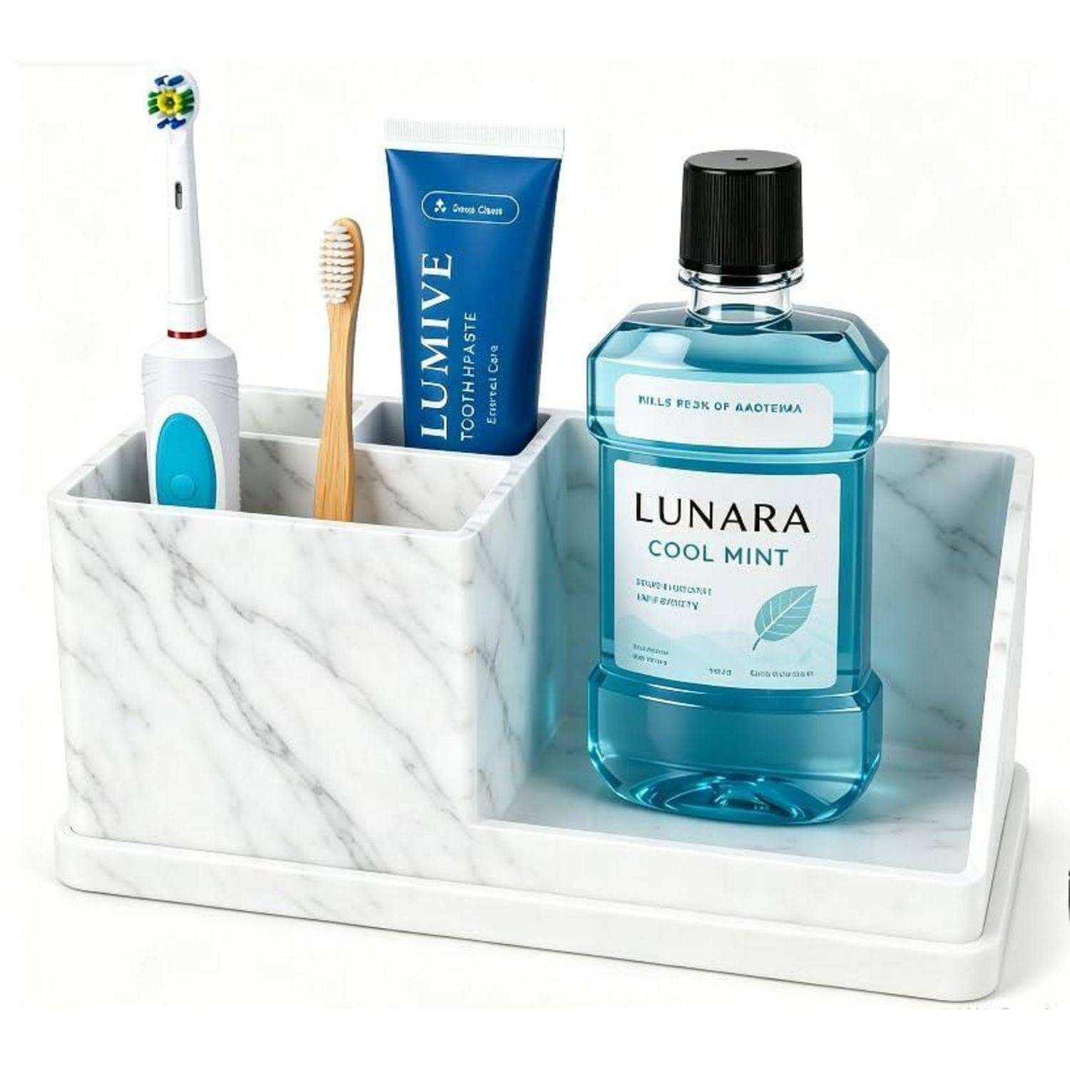 Badezimmertablett im Marmor-Look mit einer elektrischen Zahnbürste, einer Bambus-Zahnbürste, einer Lumive-Zahnpasta und einer Flasche Lunara Cool Mint Mundwasser.