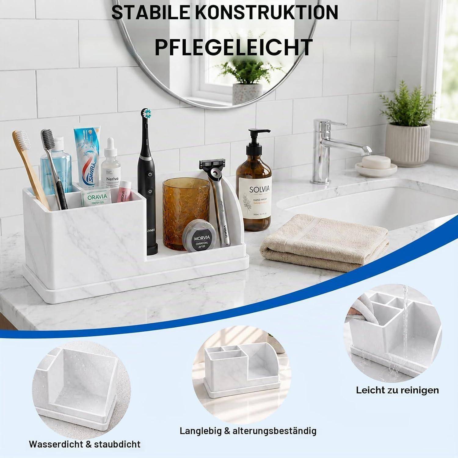 Badezimmer-Arbeitsplatte-Organizer mit Toilettenartikeln und Handtüchern; Text sagt „STABILE KONSTRUKTION