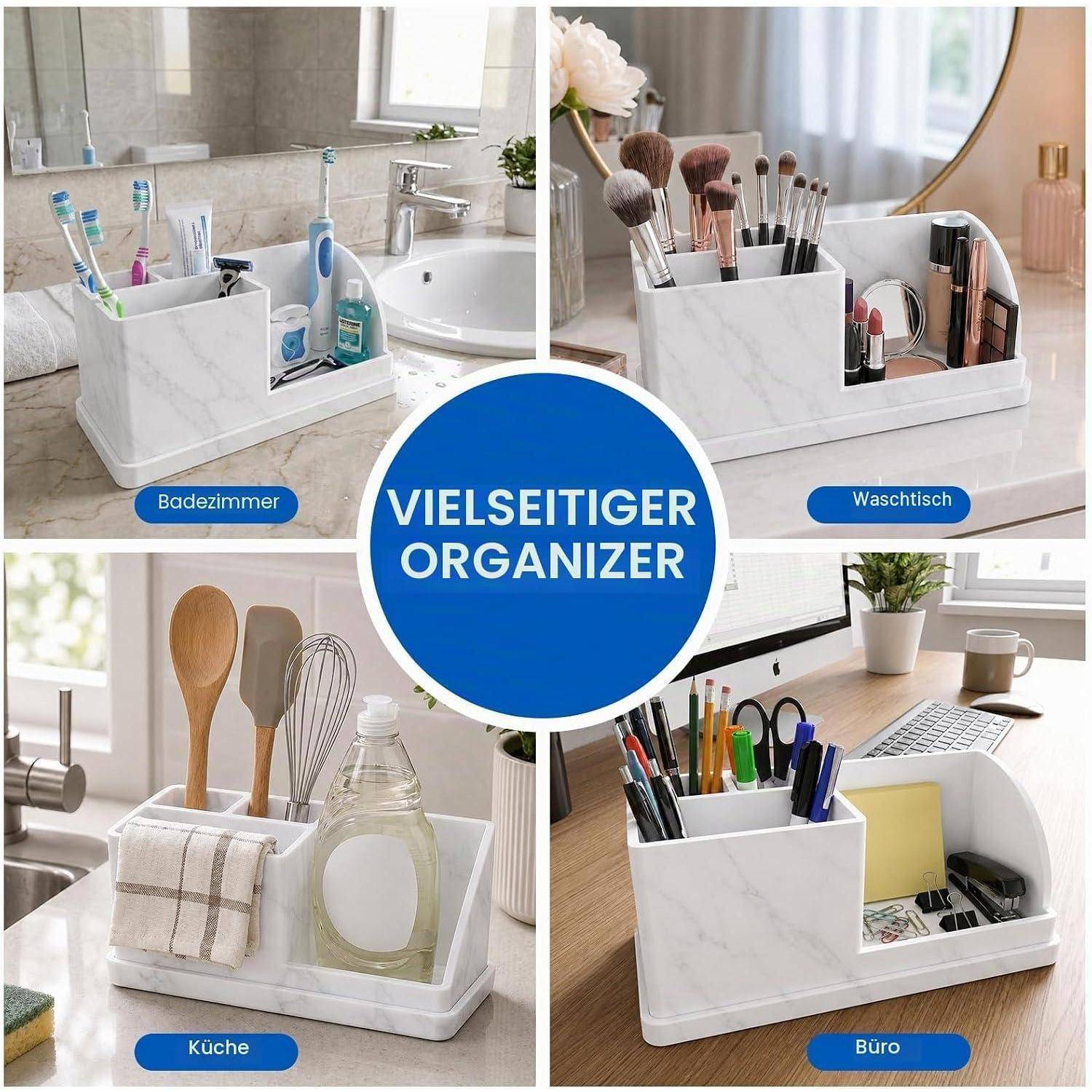 Collage mit einem vielseitigen Organizer im Marmor-Look, der im Badezimmer, an der Frisiertischkommode, in der Küche und im Büro verwendet wird, um Toilettenartikel, Make-up, Utensilien und Schreibtischartikel aufzubewahrten.