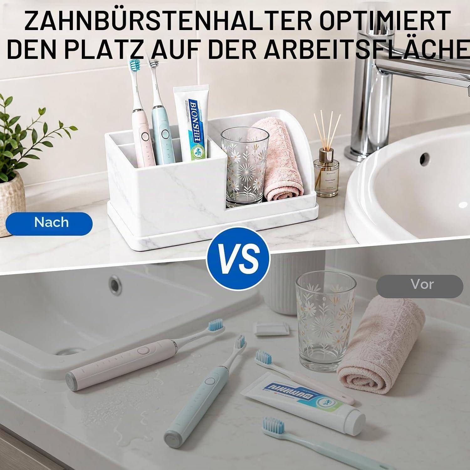 Geteiltes Bild mit einem Vergleich eines Badezimmer-Waschbecken-Organizers: „Nach