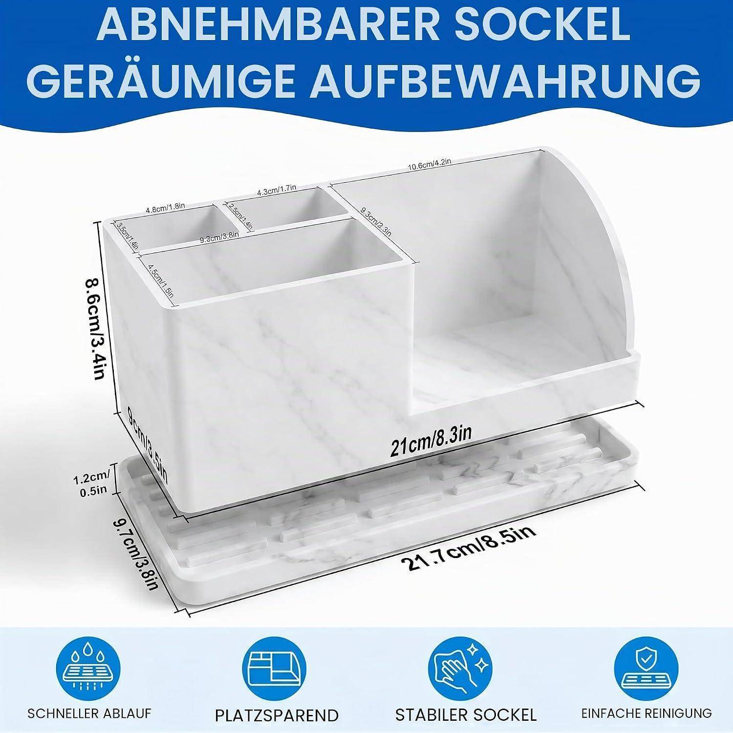 Produktdiagramm einer weißen, marmoroptik-Lagerkiste mit abnehmbarem Boden, zeigt Abmessungen 21,7 cm x 8,5 Zoll und deutsche Beschriftungen für Entwässerung, Platzersparnis, Stabilität und einfache Reinigung.