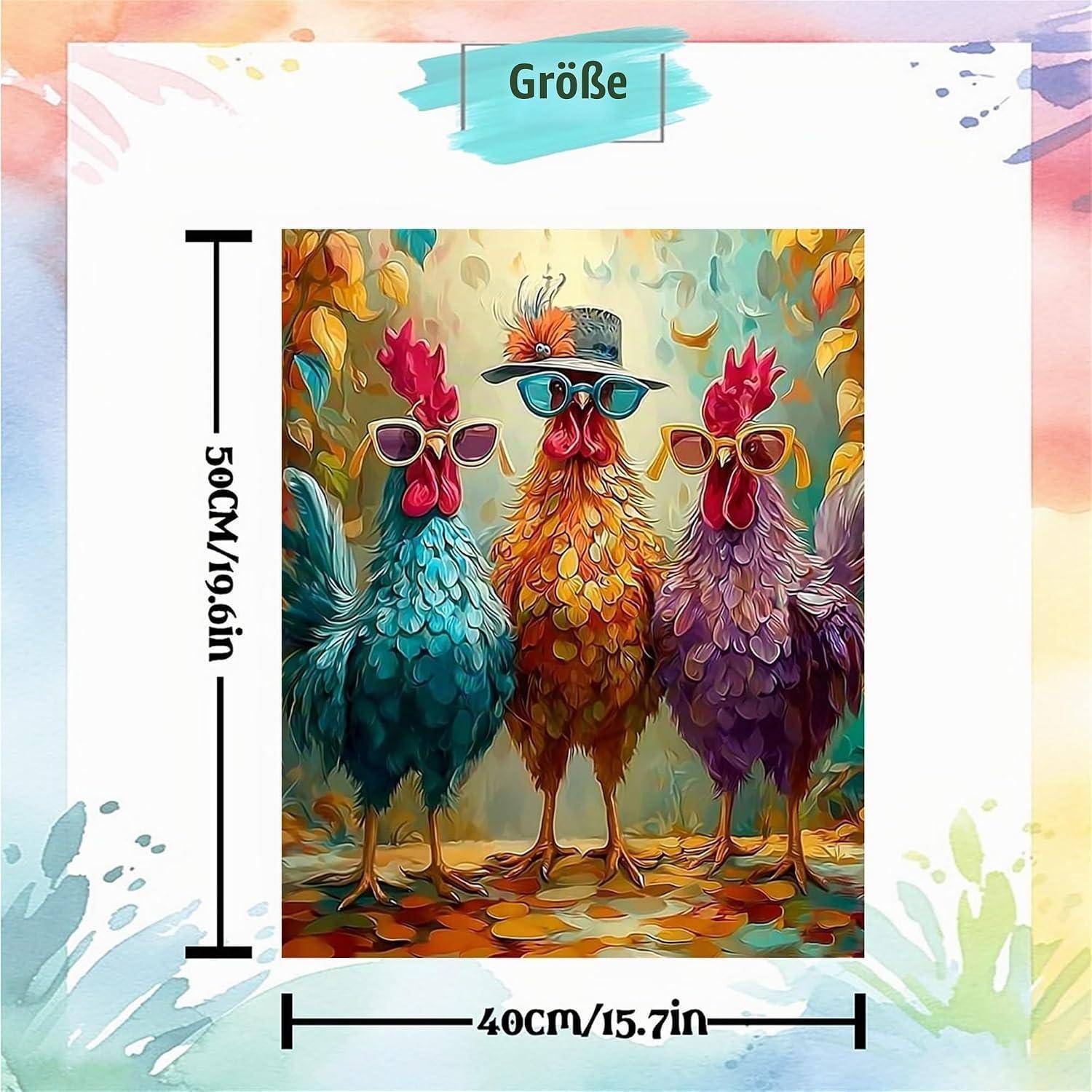 Produktgrößen-Grafik zeigt einen quadratischen Druck mit drei bunten Hühnern, die Sonnenbrillen tragen; Abmessungen beschriftet 50CM/19,6 Zoll Höhe und 40CM/15,7 Zoll Breite.