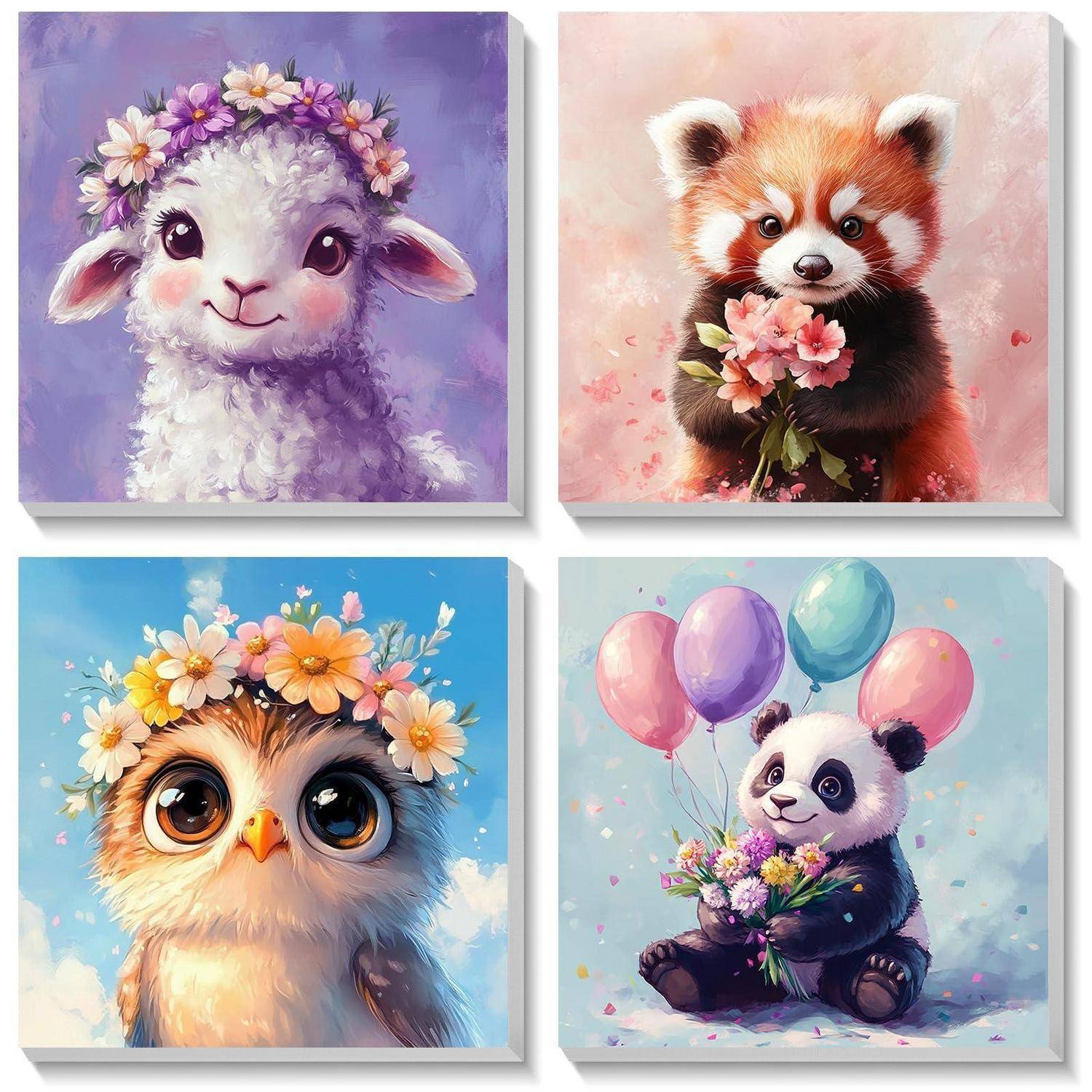 Vier niedliche Tierporträts in einem 2x2-Raster: ein Lamm, Roter Panda, Eule und Panda, jeweils mit Blumen und weichen Pastellhintergründen.