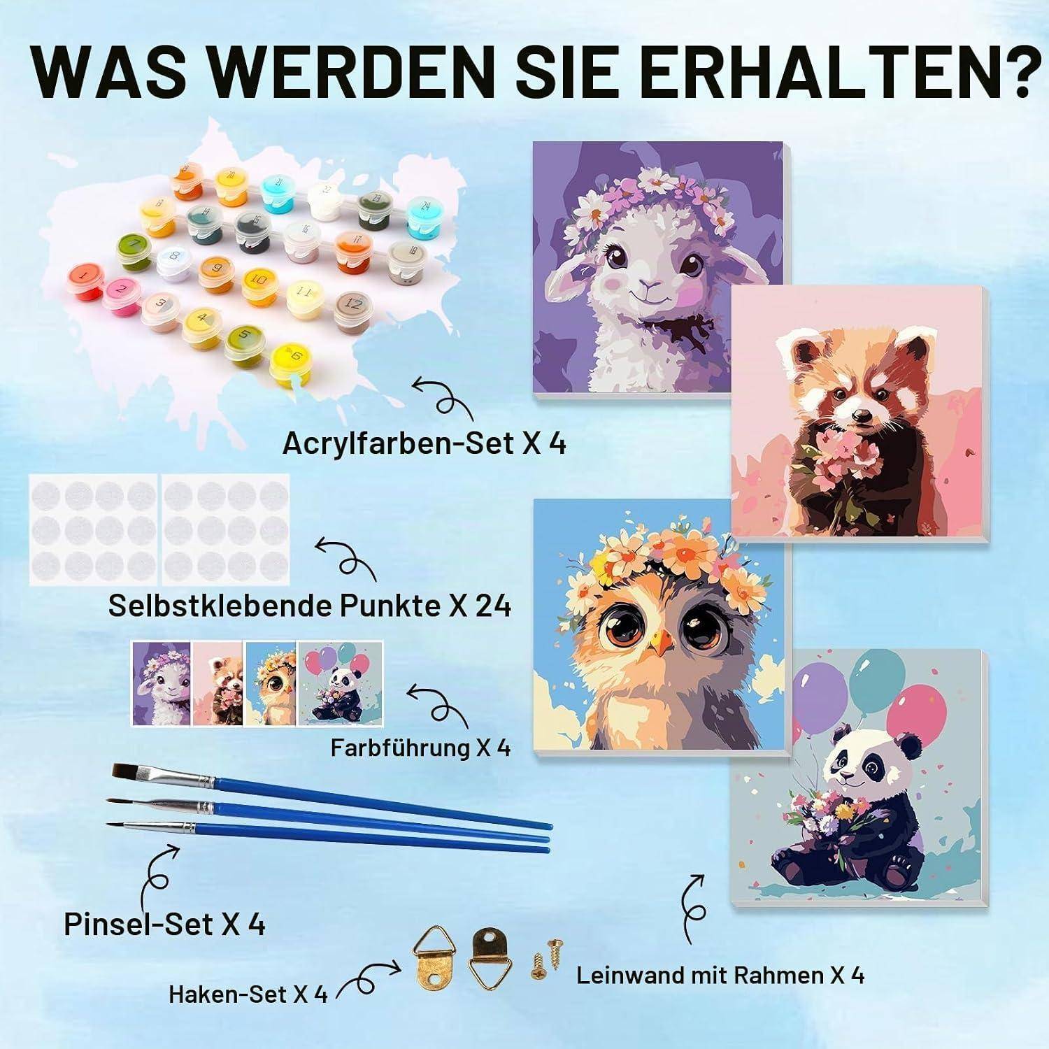 Bowetile 4 Stück Tiere Malen Nach Zahlen Kinder mit Rahmen, Malen Nach Zahlen Kinder mit Rahmen ab 4-8-12+, Diy Gemäide Bastelset auf Leinwand mit