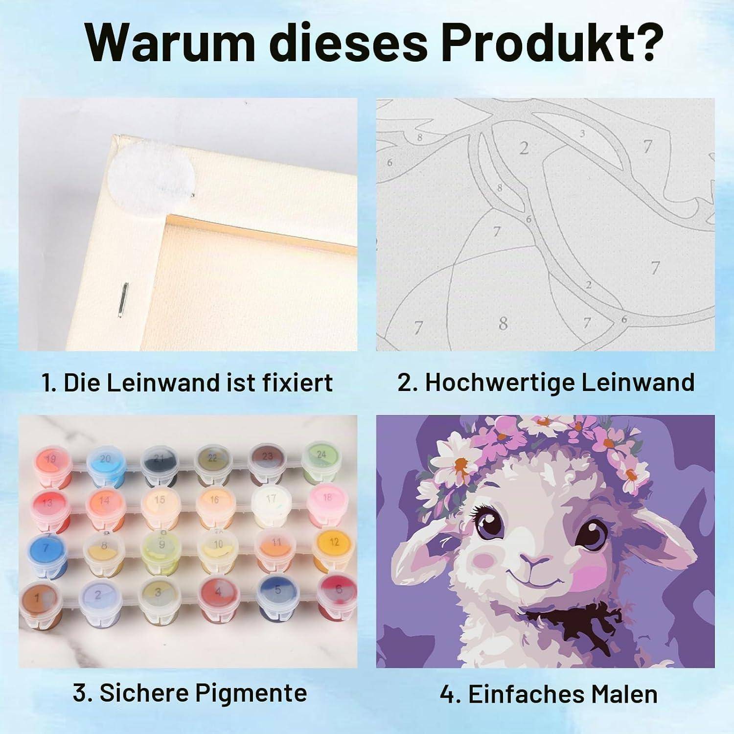 Bowetile 4 Stück Tiere Malen Nach Zahlen Kinder mit Rahmen, Malen Nach Zahlen Kinder mit Rahmen ab 4-8-12+, Diy Gemäide Bastelset auf Leinwand mit