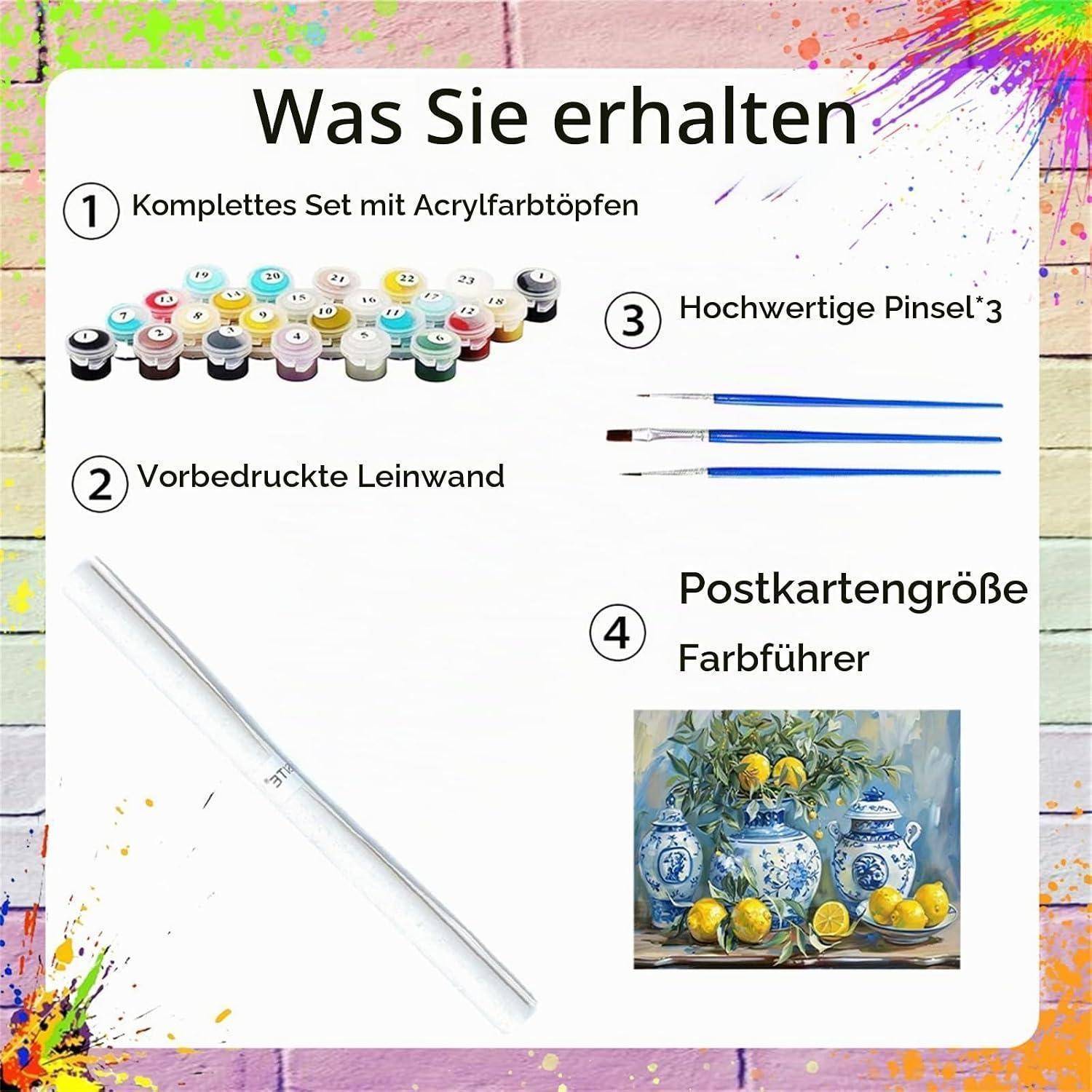 Deutsches Produktbild einer Malset-Auflistung enthält Acrylfarbtöpfe, vorgedruckte Leinwand, drei Pinsel und ein Referenzbild in Postkartengröße.