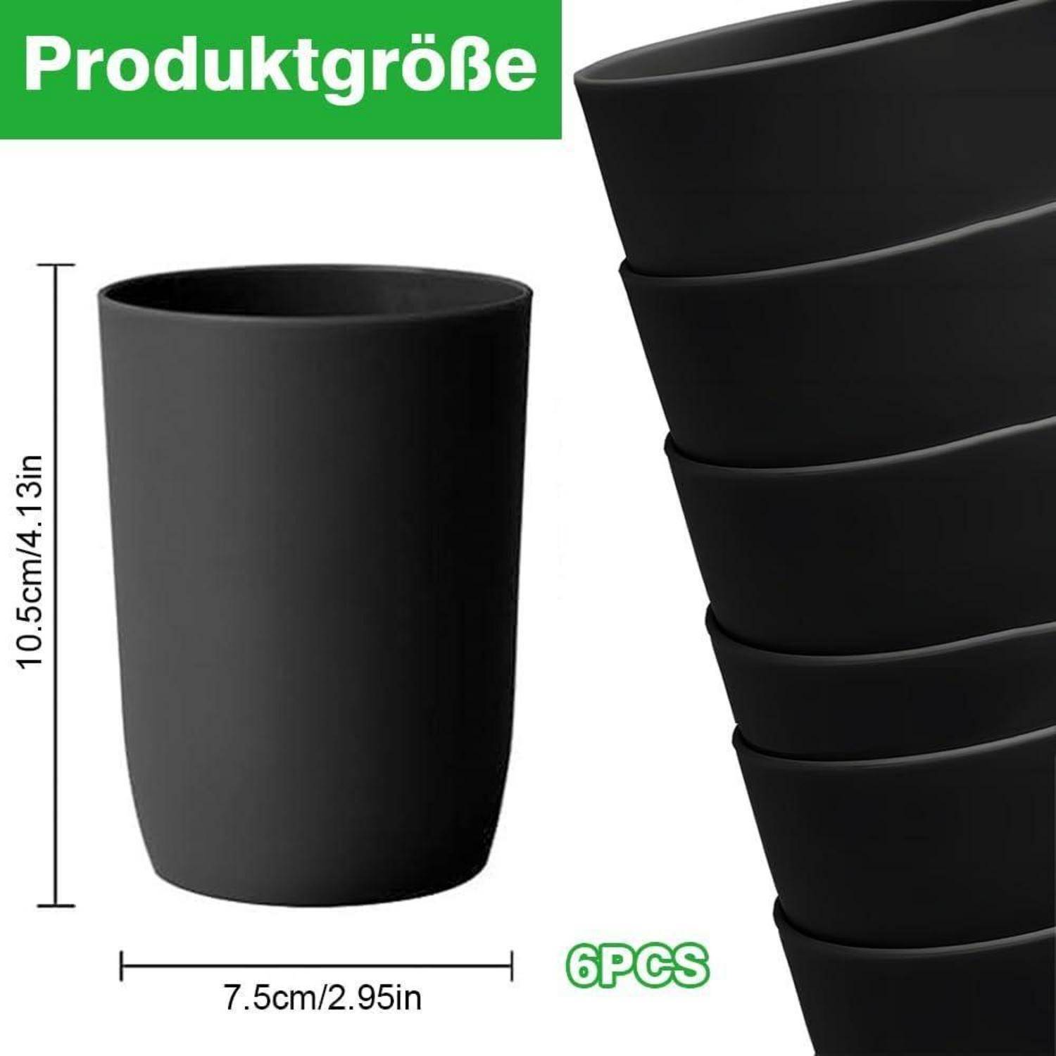 Grafik mit Abmessungen einer schwarzen Tasse, die eine verjüngte Tasse zeigt, 10,5 cm hoch und 7,5 cm breit, mit einem Stapel von 6 Tassen mit der Bezeichnung 6 STK.