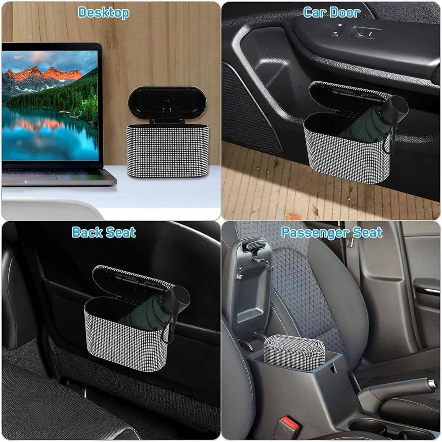 Collage zeigt ein kleines Mesh-Aufbewahrungstäschchen, das auf einem Schreibtisch verwendet und in einer Autotür, Rücksitz und Beifahrersitz montiert ist, um Gegenstände wie einen Regenschirm oder eine Flasche zu lagern.