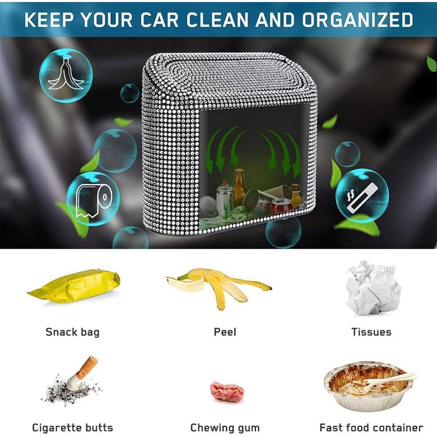 Werbegrafik für einen Automiillbehälter, der einen mit Strass besetzten Würfel zeigt, der mit „HALTEN SIE IHR AUTO SAUBER UND ORGANISIERT" beschriftet ist, sowie Symbole für Taschentücher, Müll und Rauch. Darunter sind Beispiele von Abfall: Snacktüte, Schale, Taschentücher, Zigarettenkippen, Kaugummi und Fast-Food-Behälter.
