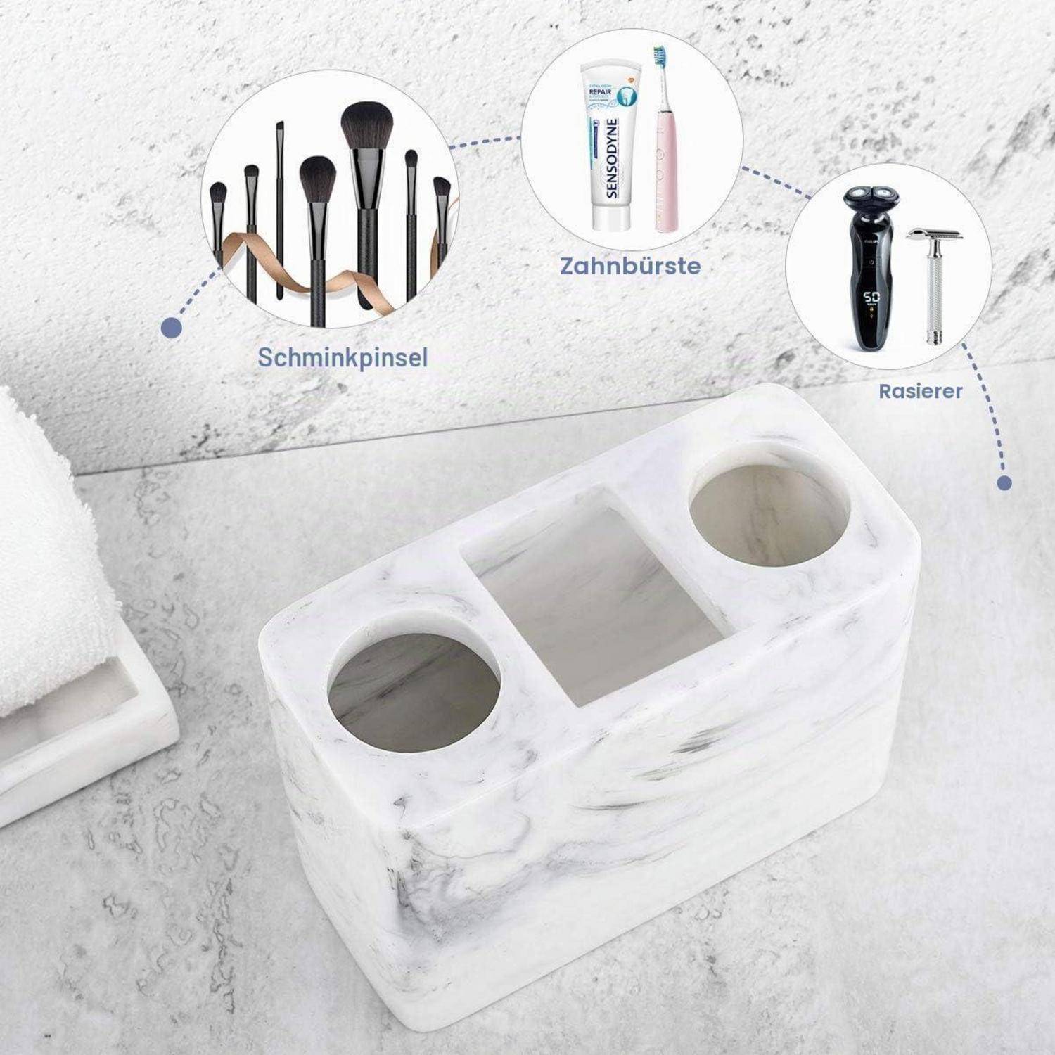 Zahnbürstenhalter mit Marmoroptik mit drei Fächern, zeigt Slots für Makeup-Pinsel, Zahnbürsten und einen Rasierer.