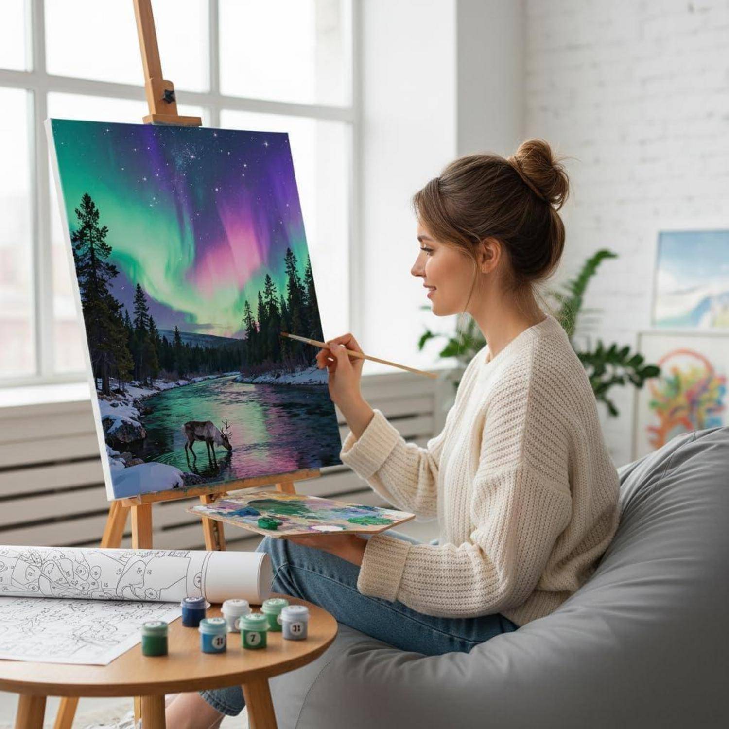 Frau malt eine Polarlichlandschaft auf einer Leinwand in einem hellen Atelier, mit einer Palette und Farbgläsern neben ihr.