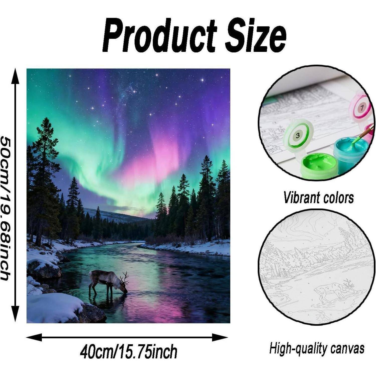 Produktgrößentabelle für einen quadratischen Leinwanddruck: 50 cm x 40 cm, mit Detailaufnahmen, die lebendige Farben und hochwertige Leinwandtextur zeigen.