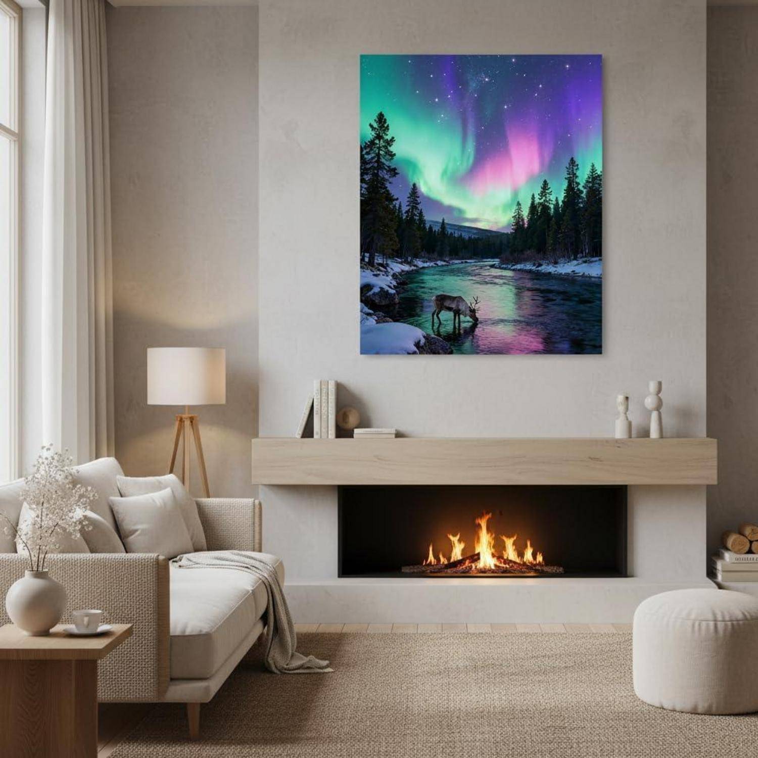 Modernes Wohnzimmer mit einem brennenden Kamin, beigem Sofa und Lampe sowie einem Wandkunstdruck mit Nordlichtern über einem verschneiten Fluss mit einem Hirsch.