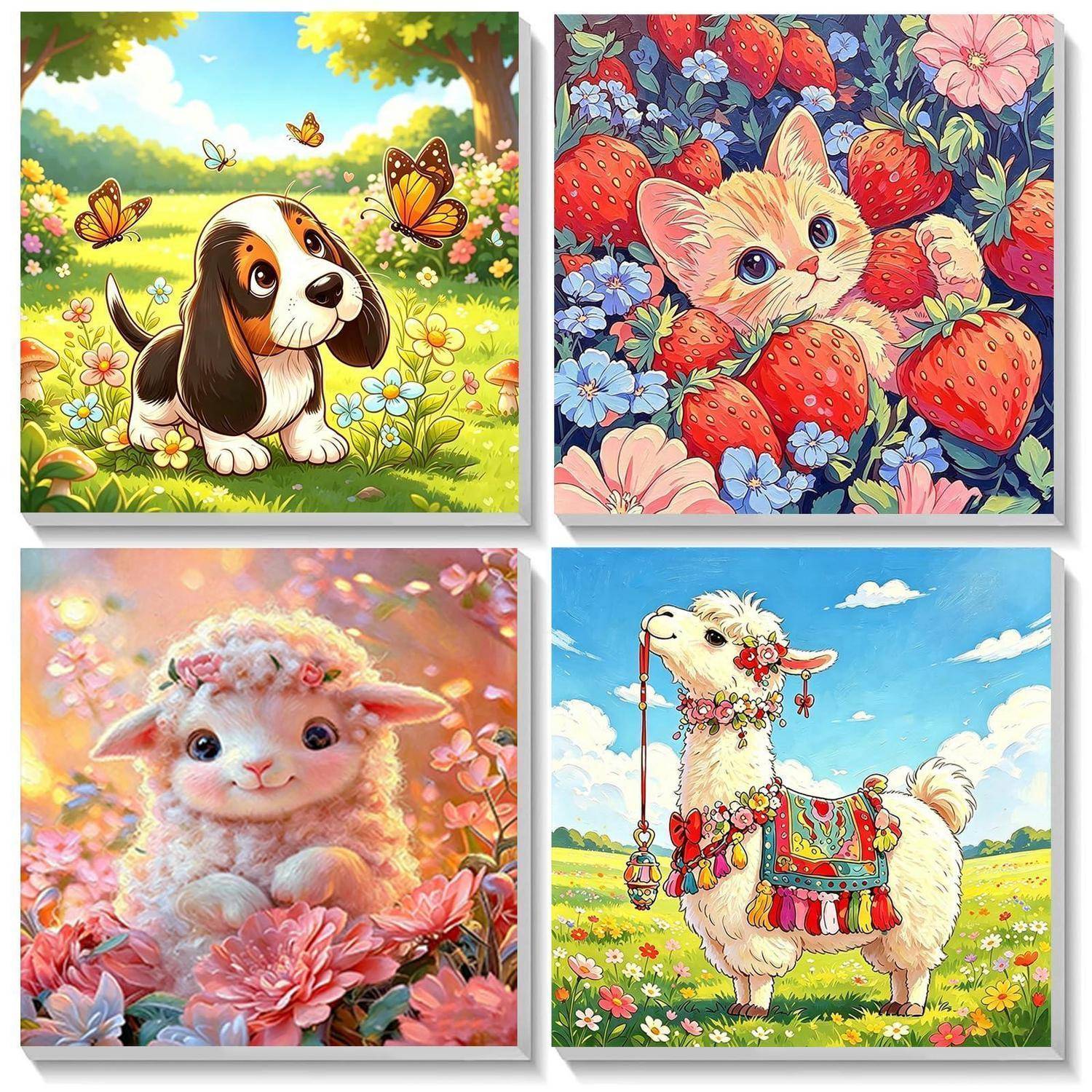 Vier farbenfrohe quadratische Illustrationen: Ein Welpe auf einer sonnigen Wiese, ein Kätzchen zwischen Erdbeeren, ein flauschiges Lamm in Blumen und ein geschmücktes Lama auf einem Feld.