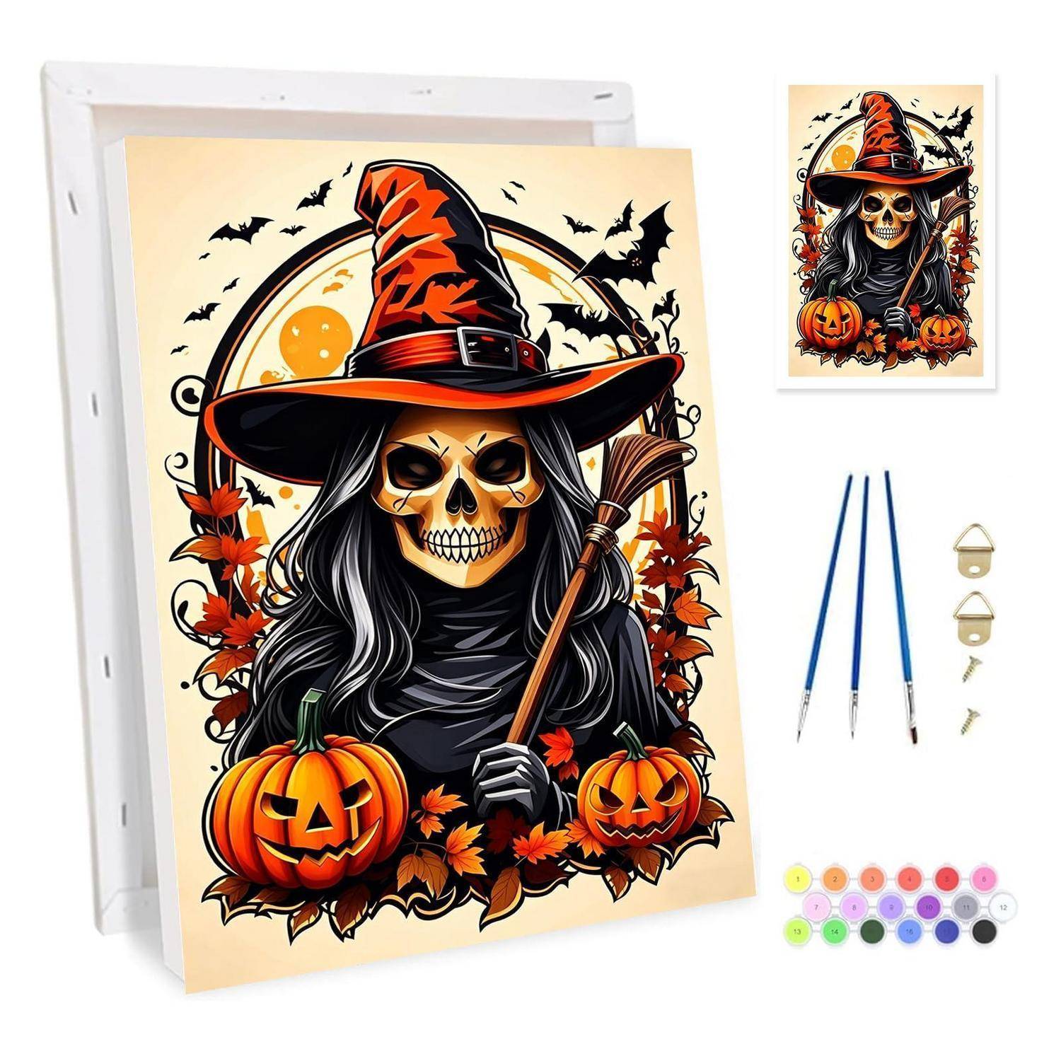 Halloween-Set zum Selbstmalen mit Hexen-Totenkopf-Motiv, Kürbissen, Fledermäusen, Pinseln, Aufhängevorrichtung und Farbdosen.