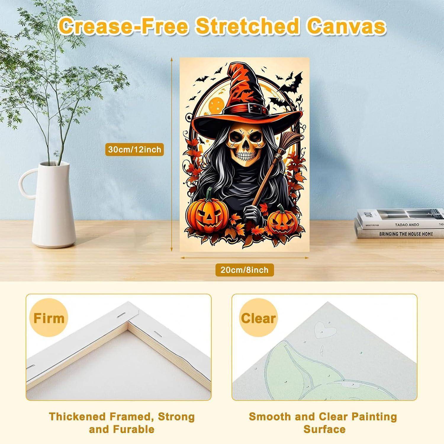 Produktbild eines gestreckten Leinwanddrucks mit einem Halloween-Hexenschädel mit Kürbissen; Beschriftungen zeigen die Größe von 30 cm x 12 Zoll, stabilen dicken Rahmen und glatte, klare Malfläche.