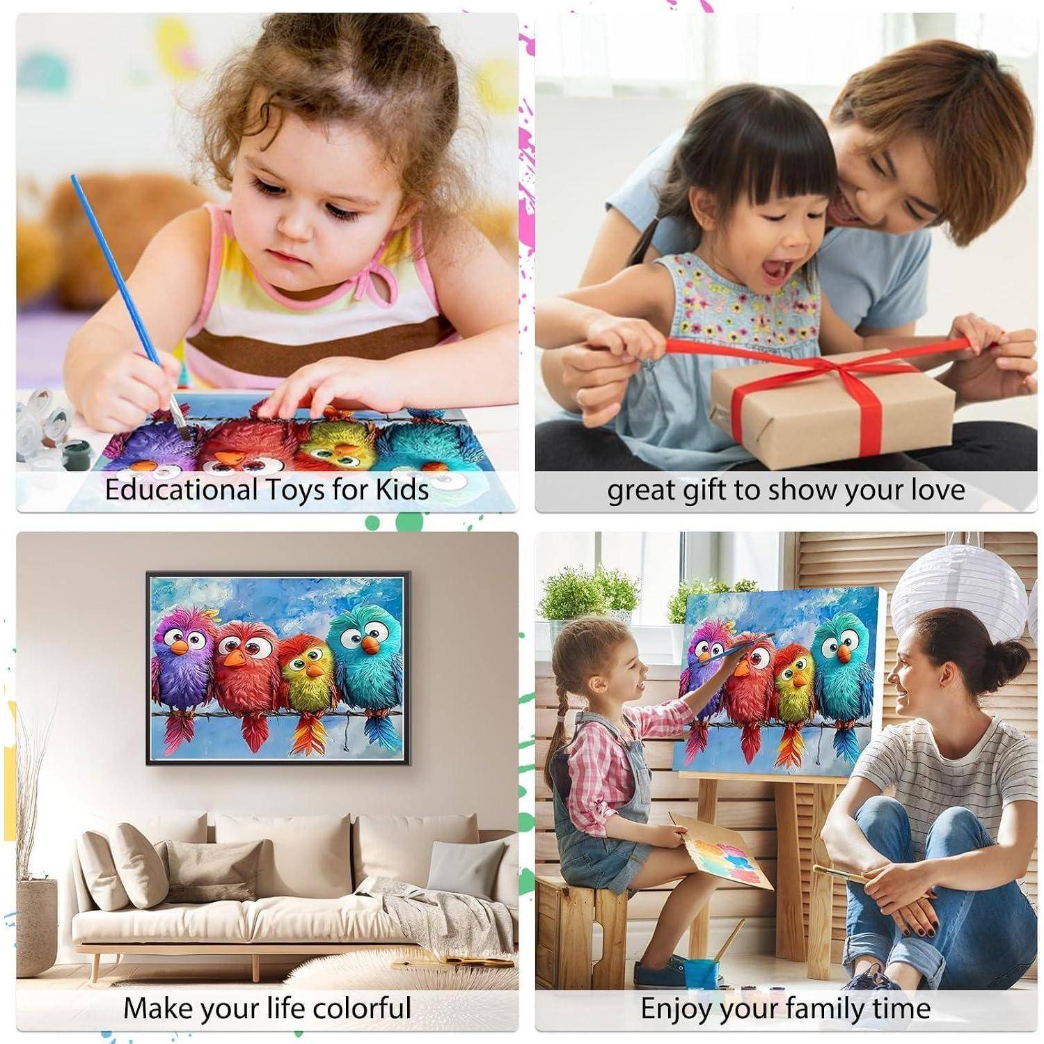 Collage aus Kindern, die Lernspielzeug benutzen und malen, einem Elternteil und Kind, die ein Geschenk auspacken, und familiären Kunstaktivitäten mit bunten Vogelbildern; Bildunterschriften fördern Lernen, Geschenke und gemeinsame Zeit mit der Familie.