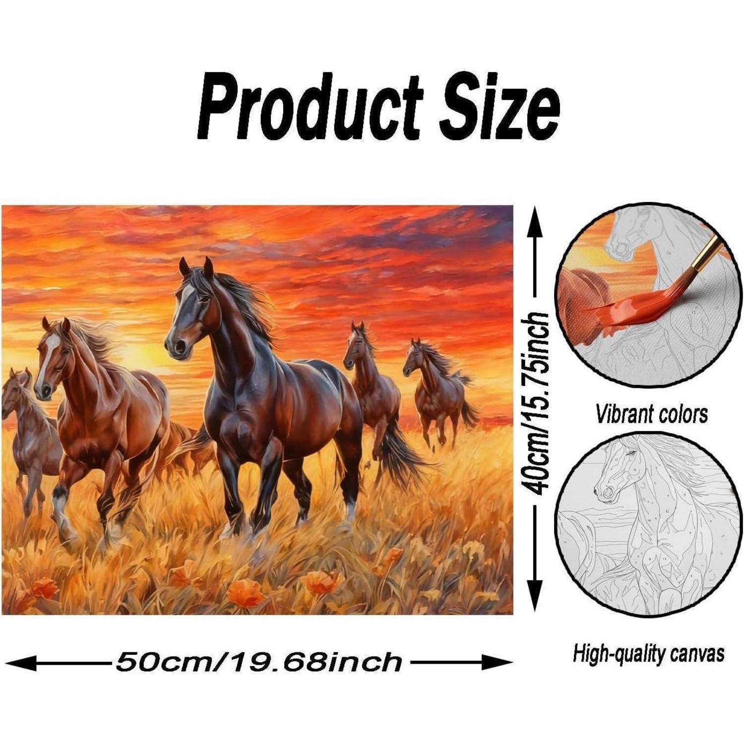 Produktgrößendiagramm für ein Pferdegemälde auf Leinwand mit den Abmessungen 50 cm x 40 cm (19,68 x 15,75 Zoll) mit Notizen „Lebendige Farben