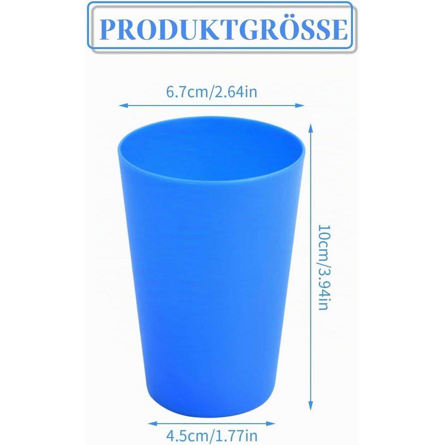Blauer konischer Becher mit der Beschriftung „PRODUKTGRÖSSE