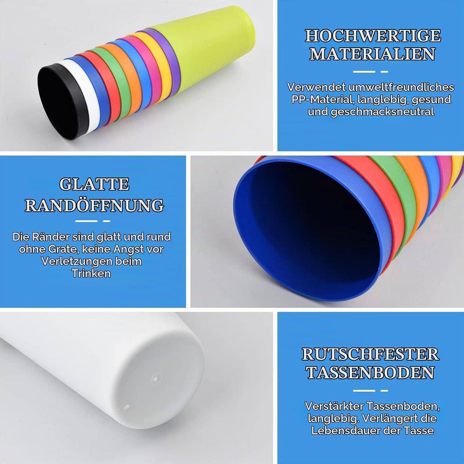 Collage farbenfroher wiederverwendbarer Kunststoffbecher mit Hervorhebung hochwertiger Materialien, glatter abgerundeter Rand und rutschfestem Beckerboden, mit deutschen Funktionsetiketten.