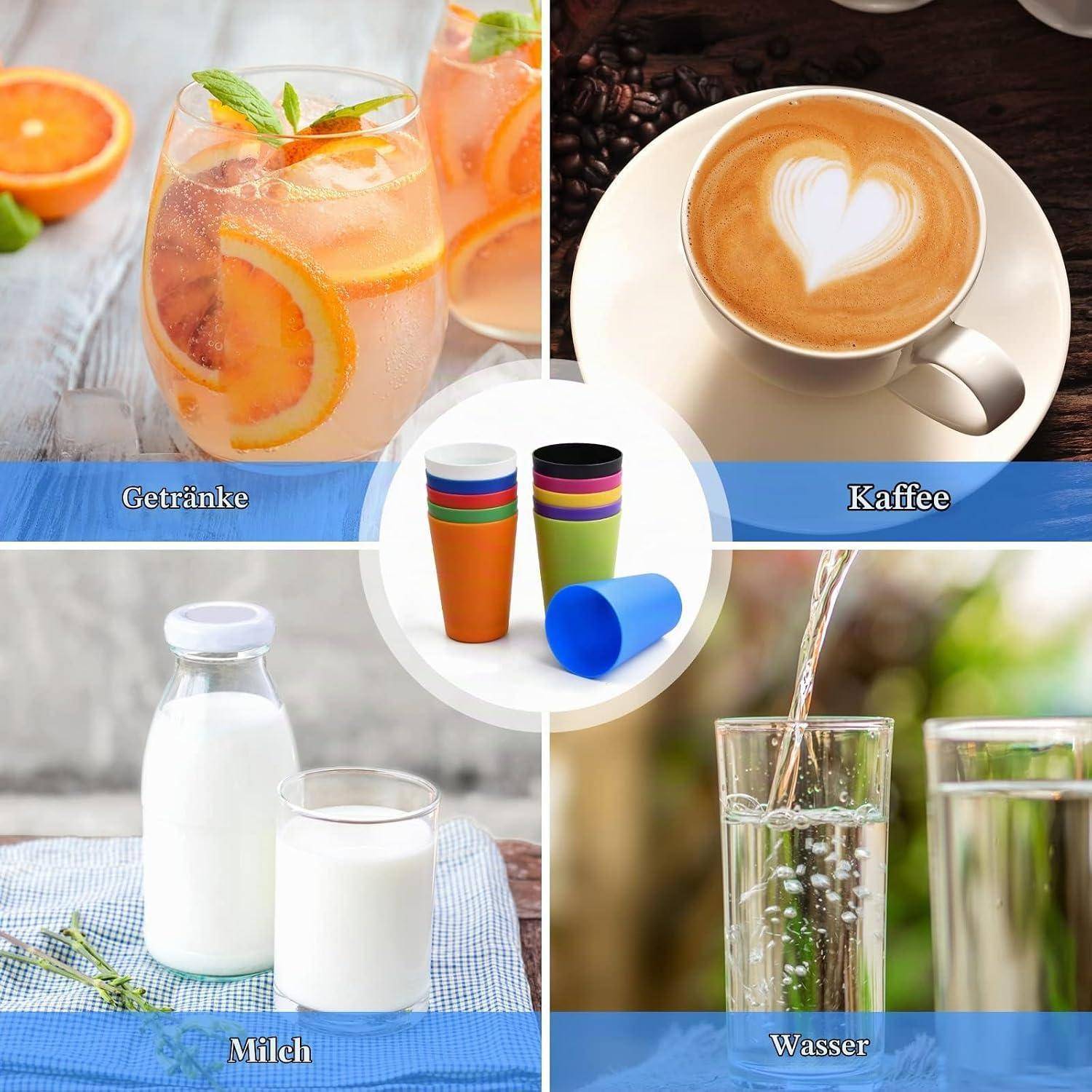 Collage von Getränken mit deutschen Beschriftungen: Getränke mit Fruchtgetränk, Kaffee mit Cappuccino, Milch mit Milch und Wasser, das in ein Glas gegossen wird.