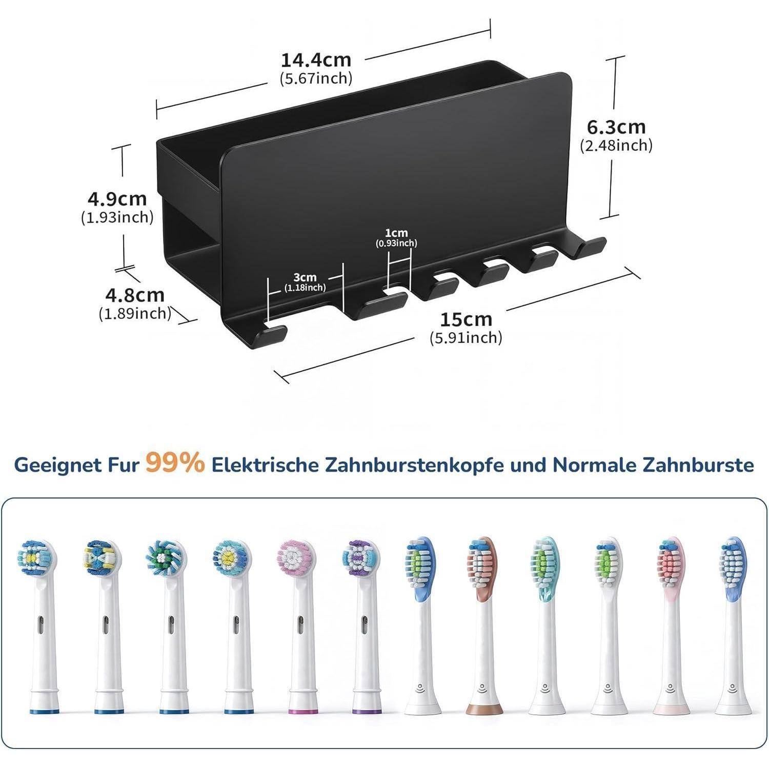 Schwarzer Kunststoff-Zahnburstsenständer mit 12 Fächern, gezeigt mit Abmessungen und kompatibel mit 99% der elektrischen und Standard-Zahnburstköpfe.