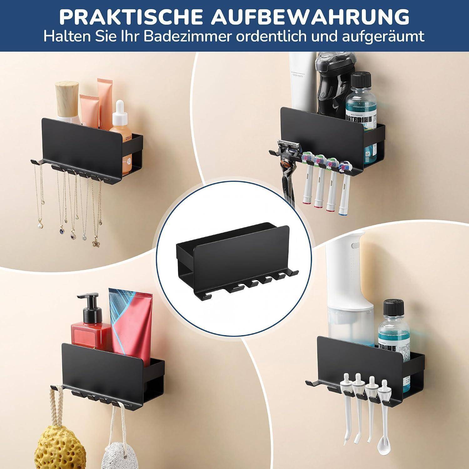 Schwarzer an der Wand montierter Badezimmerorganizer mit Toilettenartikeln, Zahnbürsten und kleinen Accessoires; deutscher Text lautet 